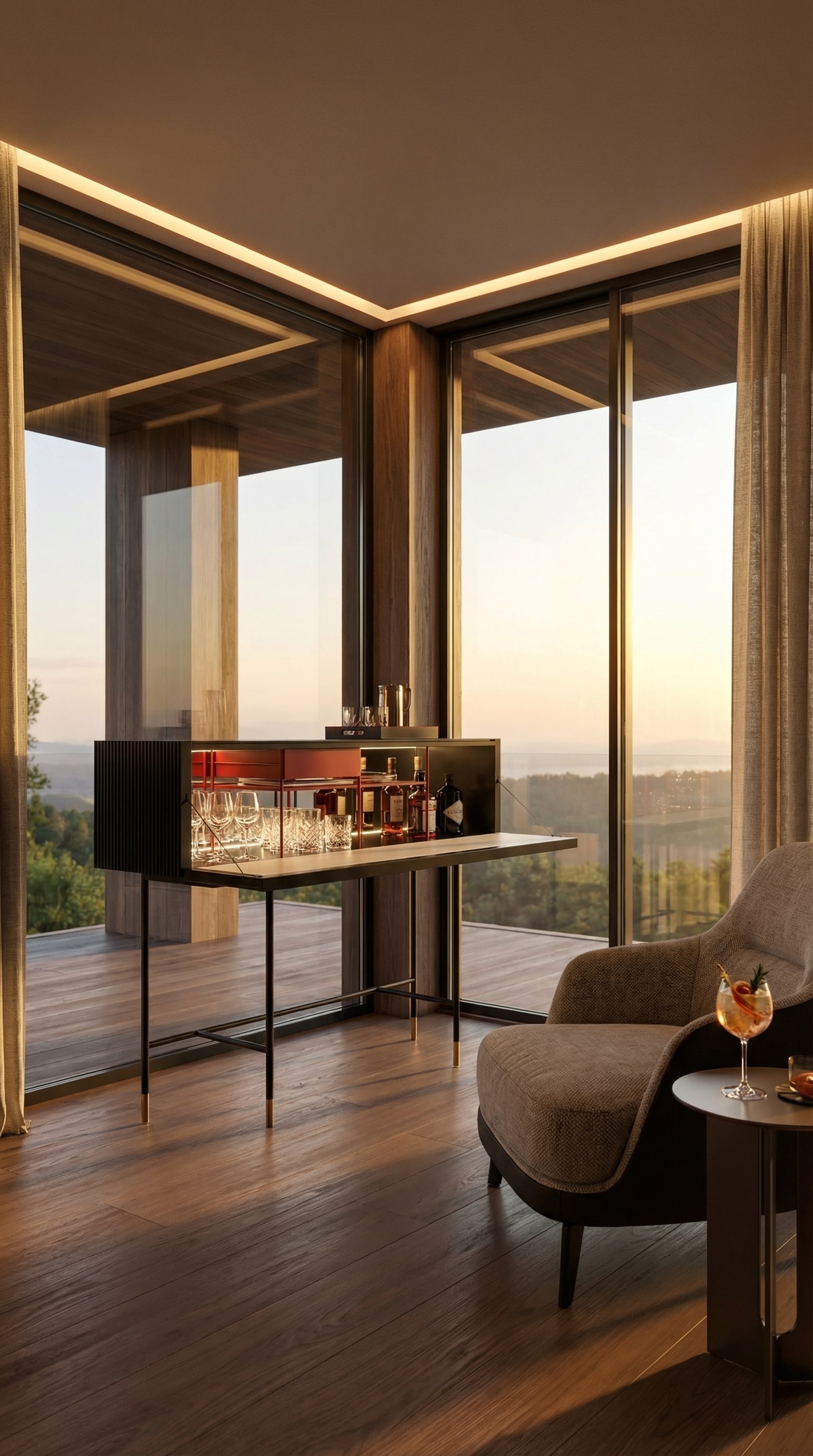 Capo d&acute;Opera Aero Bar Sideboard geopend, met fonkelende glazen en flessen in het avondlicht.
