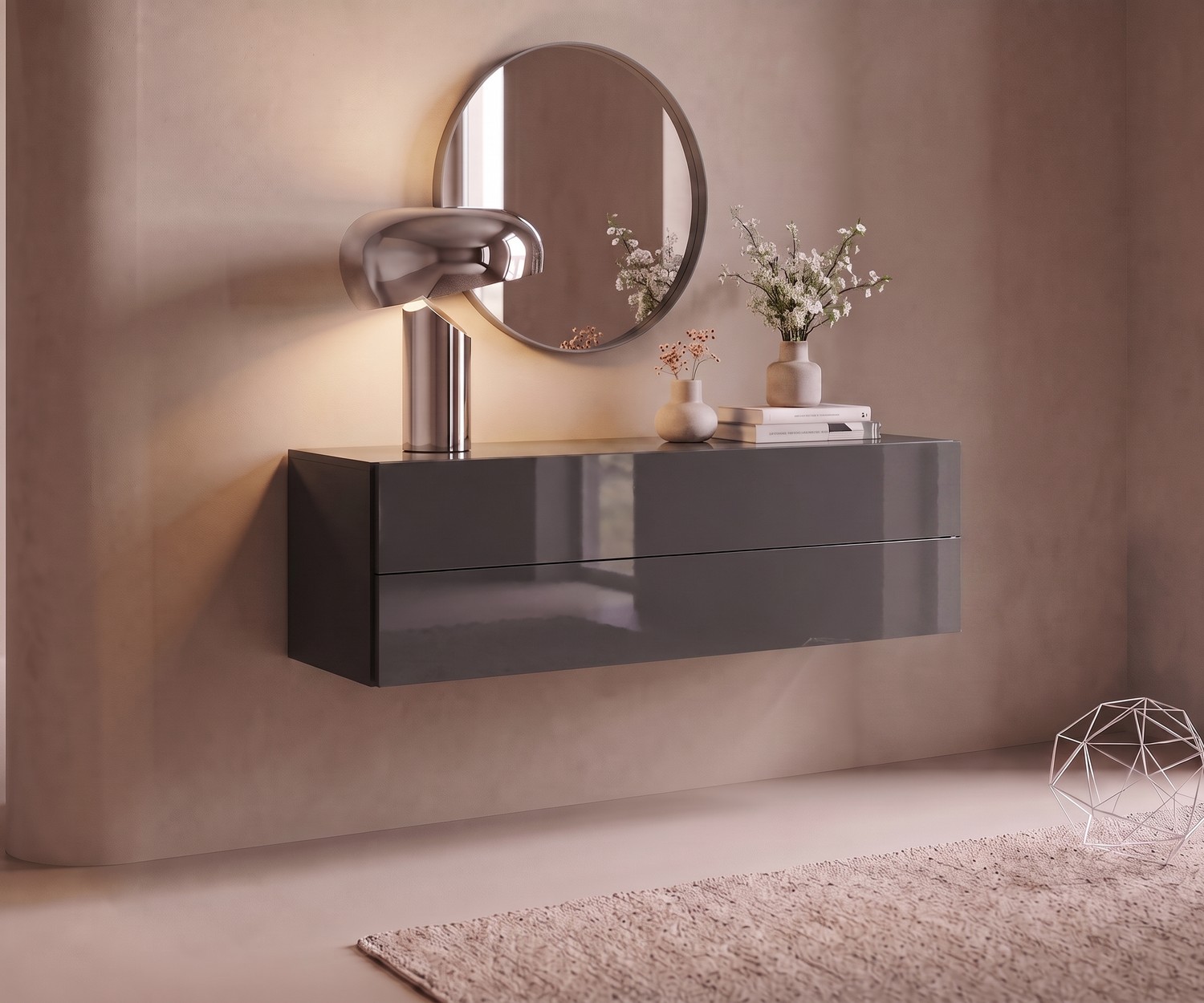 Novamobili Easy hangend dressoir in grijs hoogglans Novamobili Easy hangend dressoir voor de hal als opberger, grijs hoogglans gelakt, moderne minimalistische stijl.