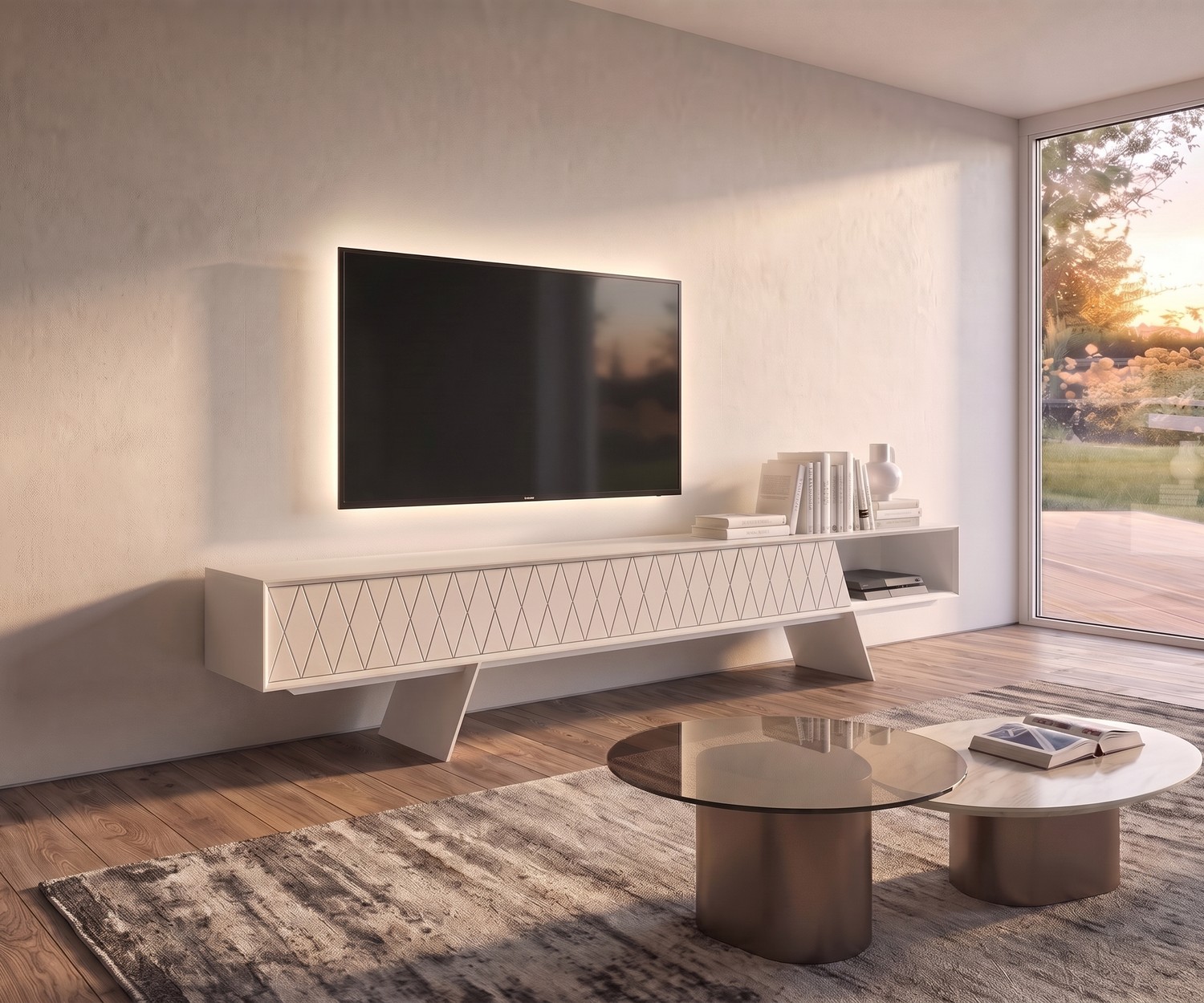 TV-lowboard al2 e-klipse 008 voor de woonkamer, wit design dressoir met ruitpatroon en open vak.