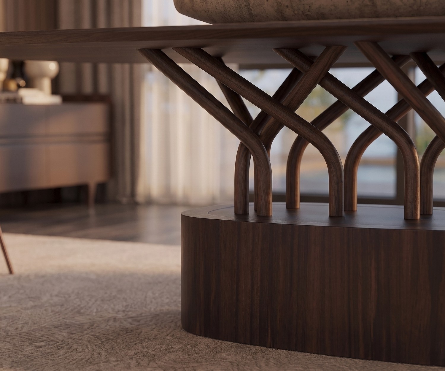 al2 wood-oo 001 a design eettafel met artistiek houten onderstel in een moderne eetkamer op een beige tapijt