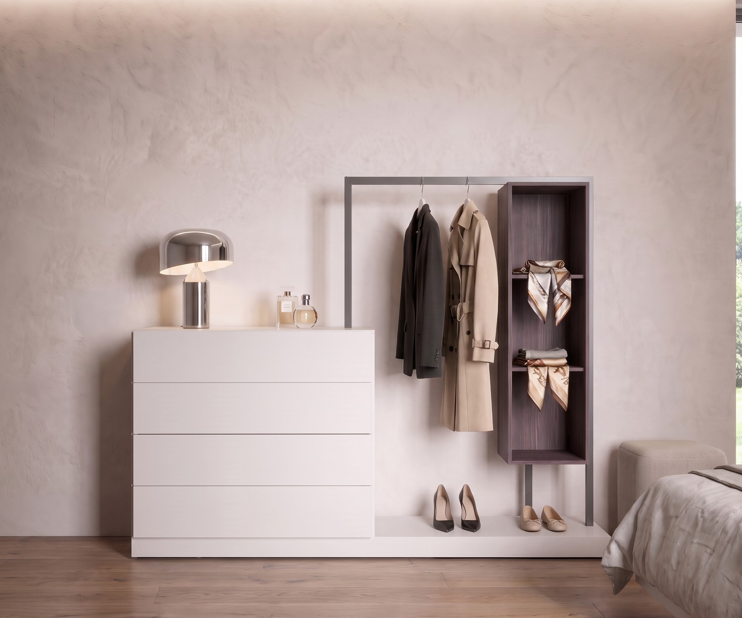 Novamobili Easy 4 commode met garderobe als stomme knecht in de hal, witte ladekast met kledingroede en houten open kast.