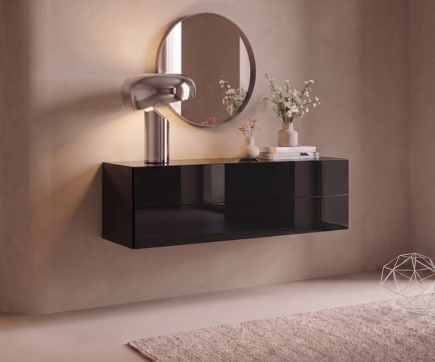 Hangend dressoir Novamobili Easy voor de hal. Zwarte zwevende commode in hoogglans, modern ingericht met een spiegel.