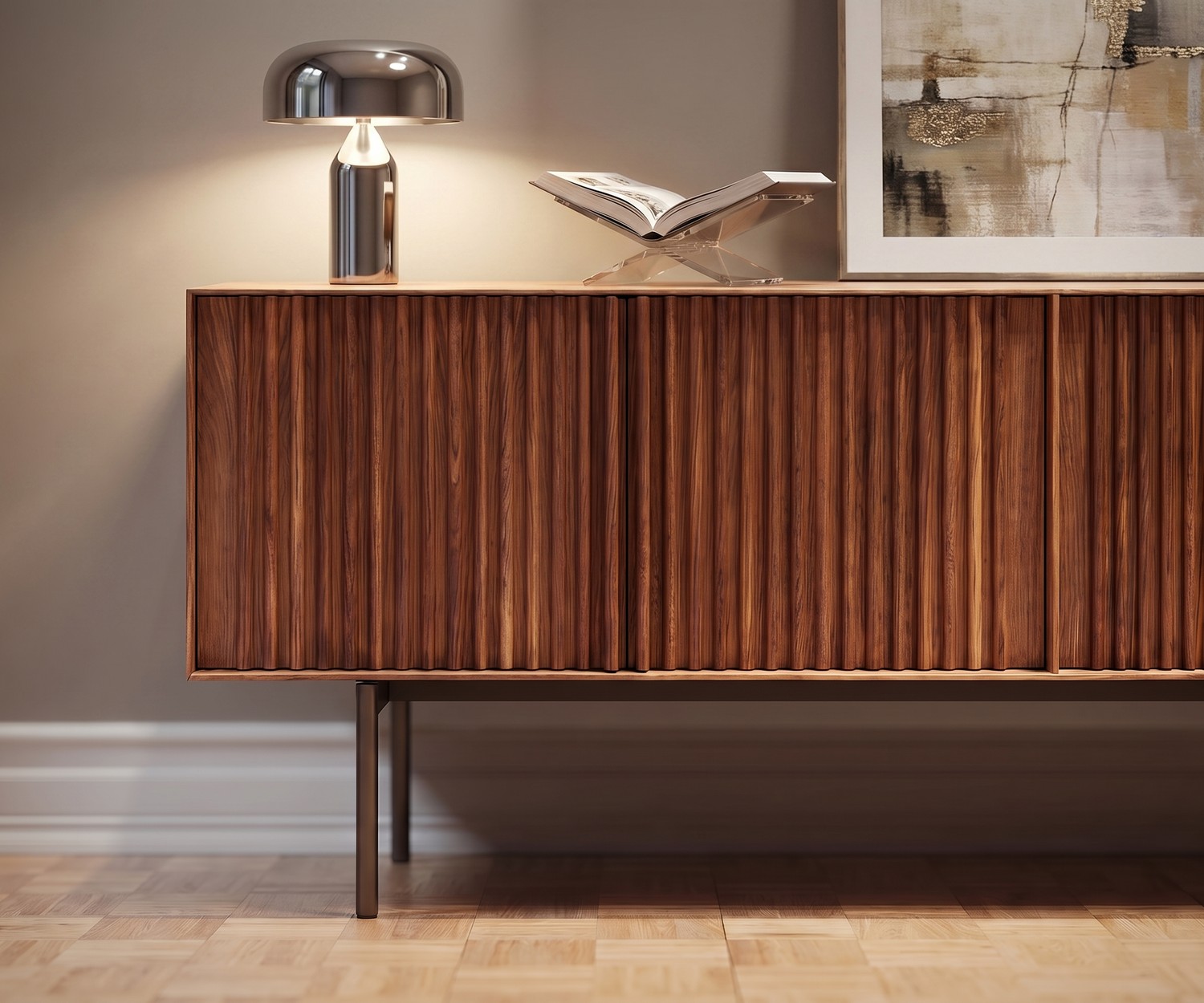 al2 ka-bera 003 A design dressoir van walnoot met lamellendeuren, stijlvolle opbergkast voor een moderne woonkamer.