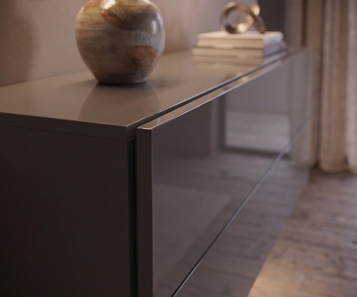 Novamobili hangend dressoir Easy in kwartsgrijs hoogglans Hangend dressoir Easy van Novamobili voor de woonkamer, hoogglans kwartsgrijs, minimalistisch Italiaans design.