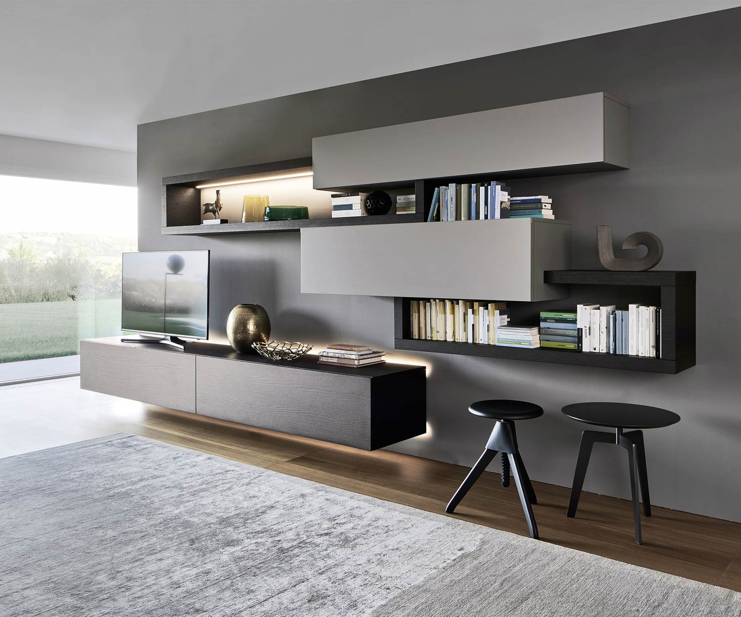 Exclusief Livitalia Design wandmeubel C27 in eikenfineer en grijs mat Exclusief Livitalia Design wandmeubel C27 in eikenfineer en grijs mat