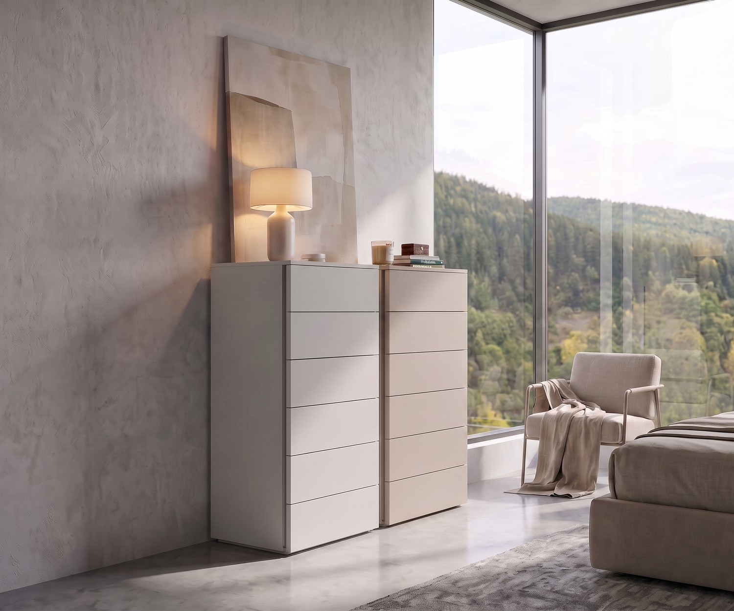 Livitalia Atena minimalistische hoge ladekast Livitalia Atena hoge ladekast voor de slaapkamer, minimalistische ladenkasten in wit en beige met 6 laden in modern design.