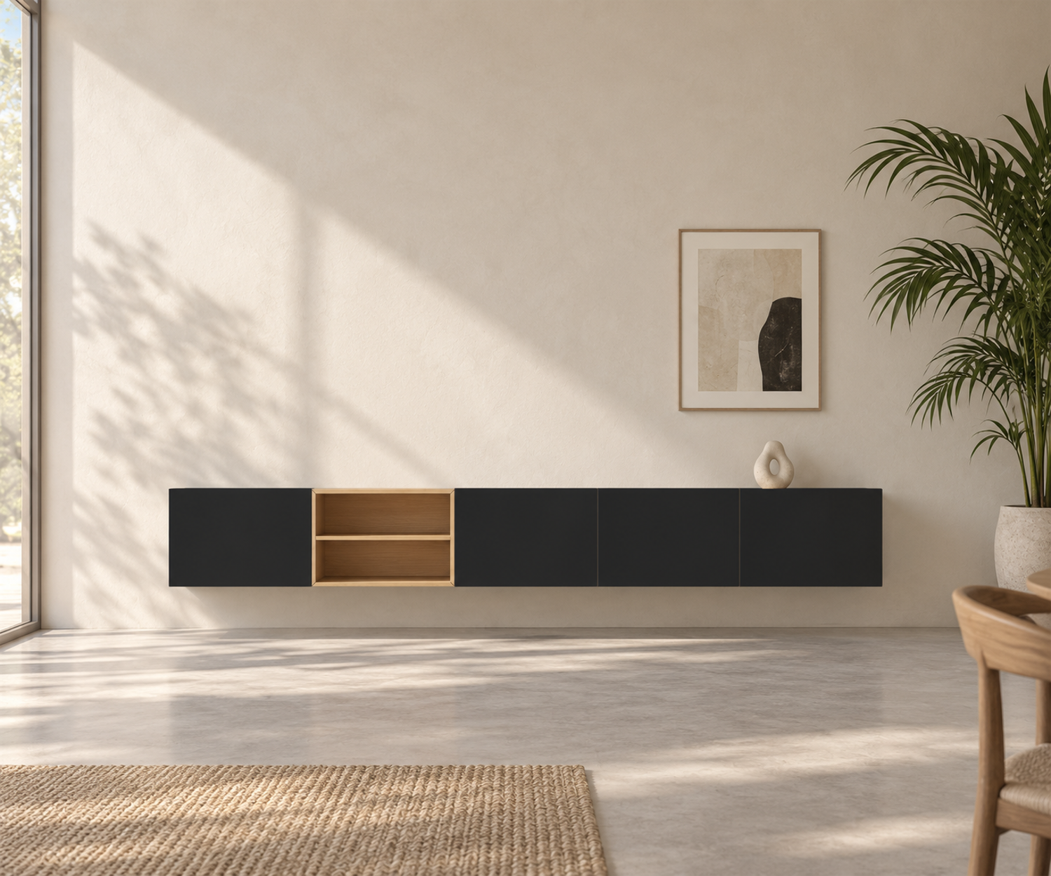 Livitalia Box 18 Wanddressoir 300 cm – Mat zwart + Licht eiken