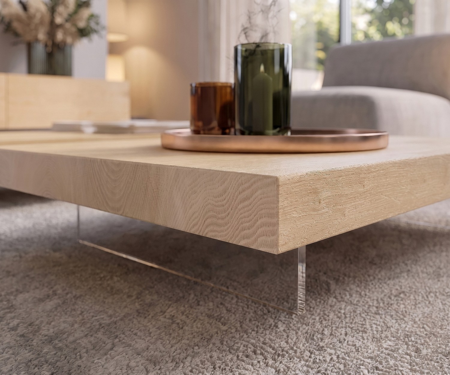 Livitalia Low Couchtafel in Licht Eiken met Glazen Poten Livitalia Low couchtafel van licht eikenhout met transparante glazen poten voor een zwevend effect in de woonkamer.