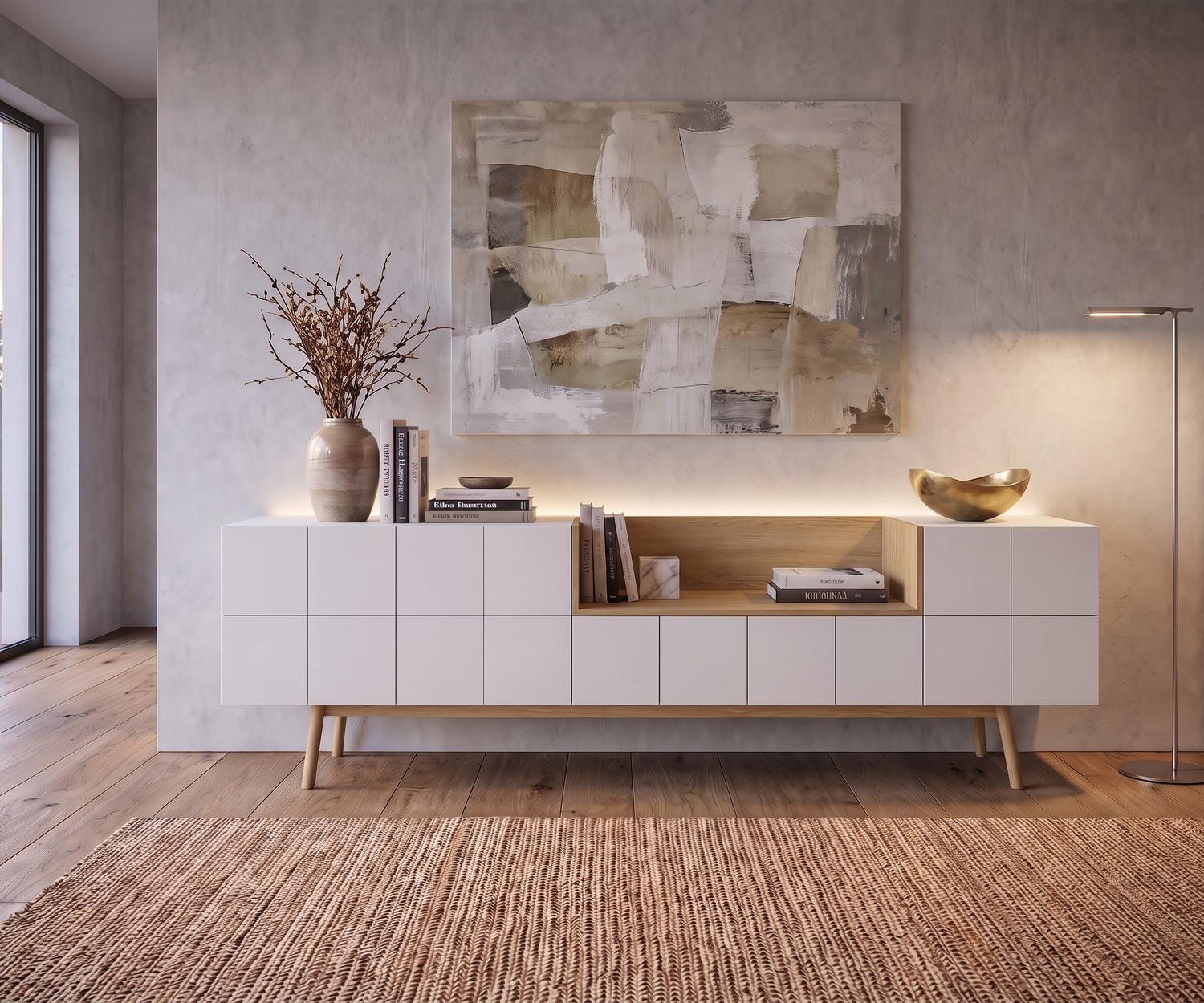 al2 Dressoir MOS-I-KO 003 A voor de woonkamer in mat wit en hout, moderne retrostijl met open vak en decoratie.