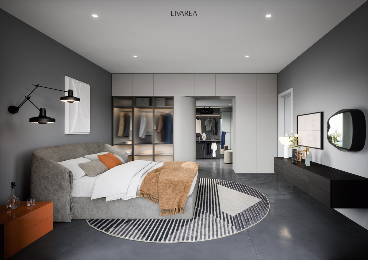 Aparte aangepaste kleedkamer in mat wit en met geribbelde glazen deuren met broekenrek Aparte aangepaste kleedkamer in mat wit en met geribbelde glazen deuren met broekenrek