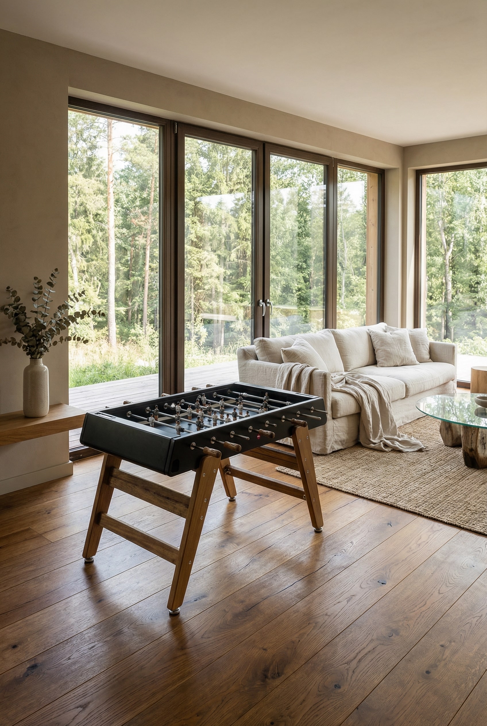 Designer houten tafelvoetbaltafel in een gezellige Scandinavische woonkamer met houten parket en kamerhoge ramen.