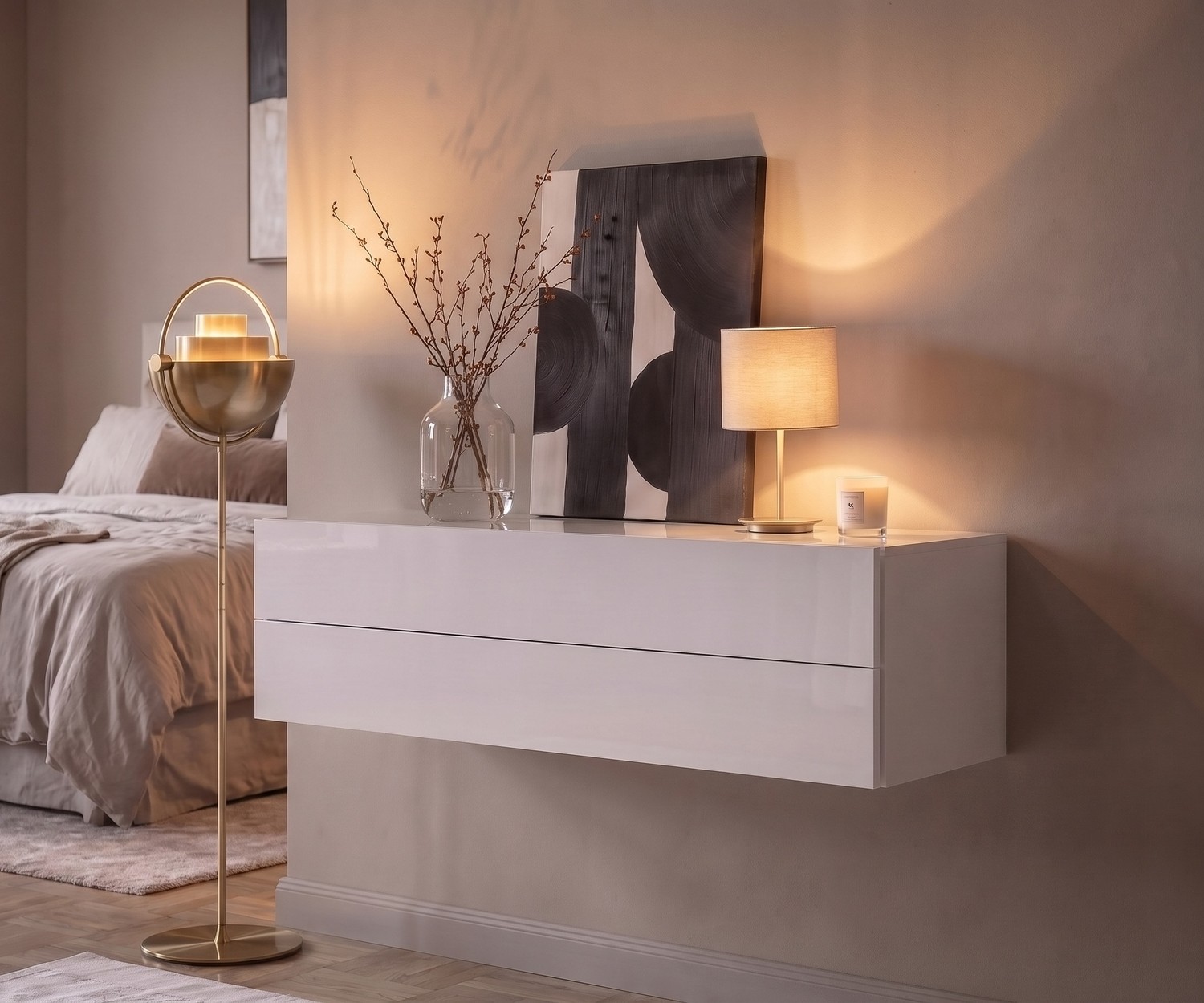 Novamobili Easy zwevende commode in wit Zwevende commode Novamobili Easy voor de slaapkamer. Wit hangend dressoir met laden voor een modern, sfeervol interieur.