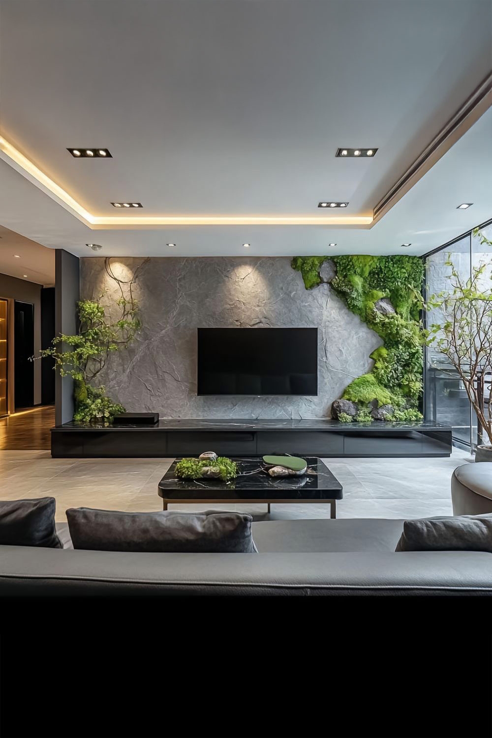 zwarte-woonkamer-meubels-ingebed-in-een-natuurlijke-sfeer-met-authentieke-steen-mos-wand