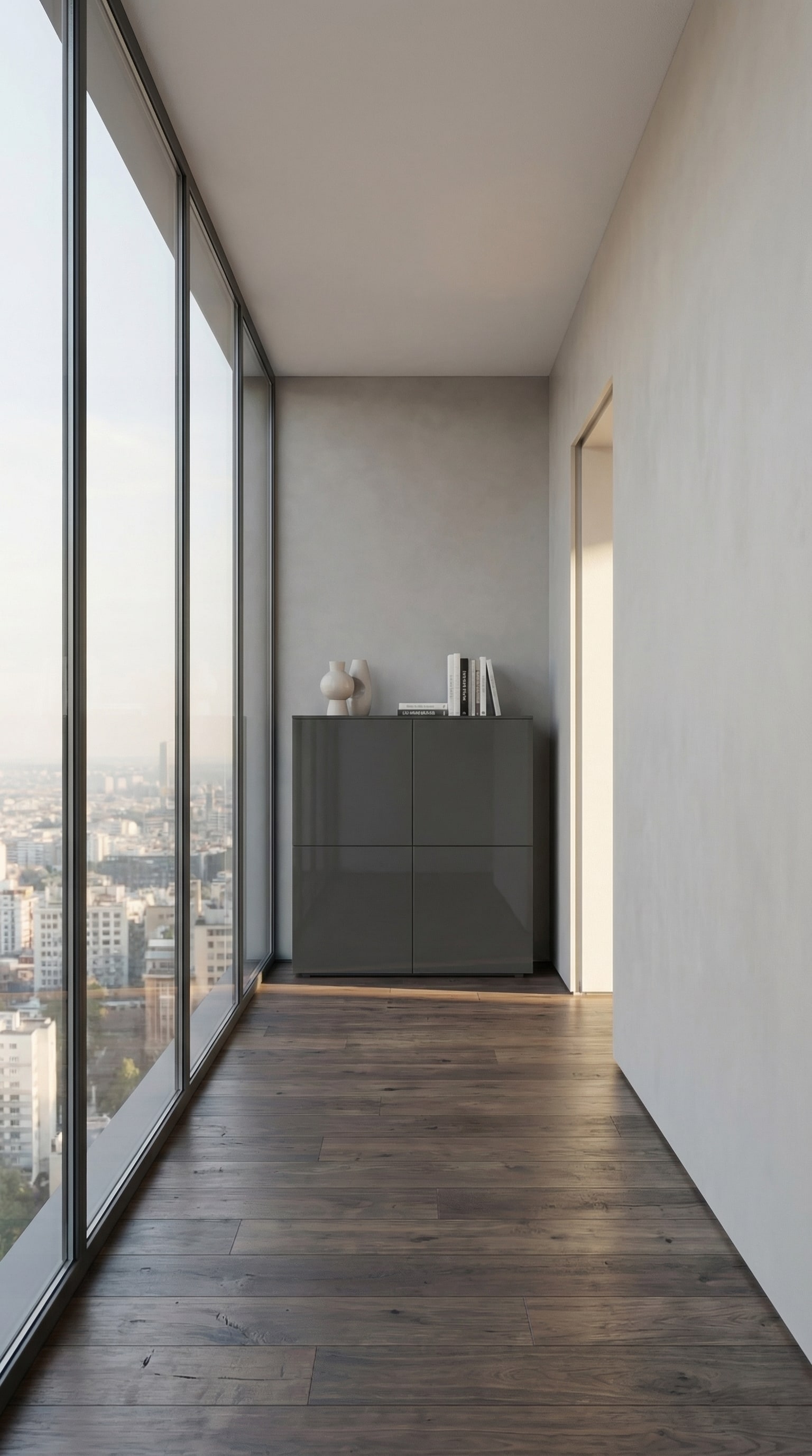 Livitalia Highboard Four in een smalle, lichte gang met architectonische details.