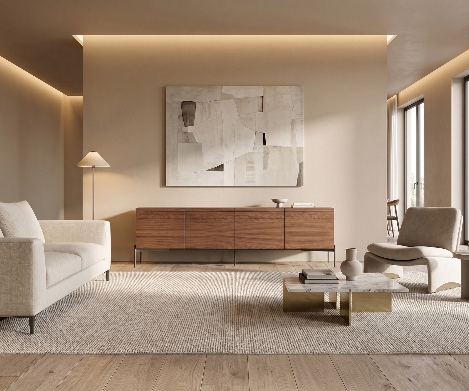 al2 o-rizon 003 design dressoir van hout in een minimalistische woonkamer met beige bank en vloerkleed.