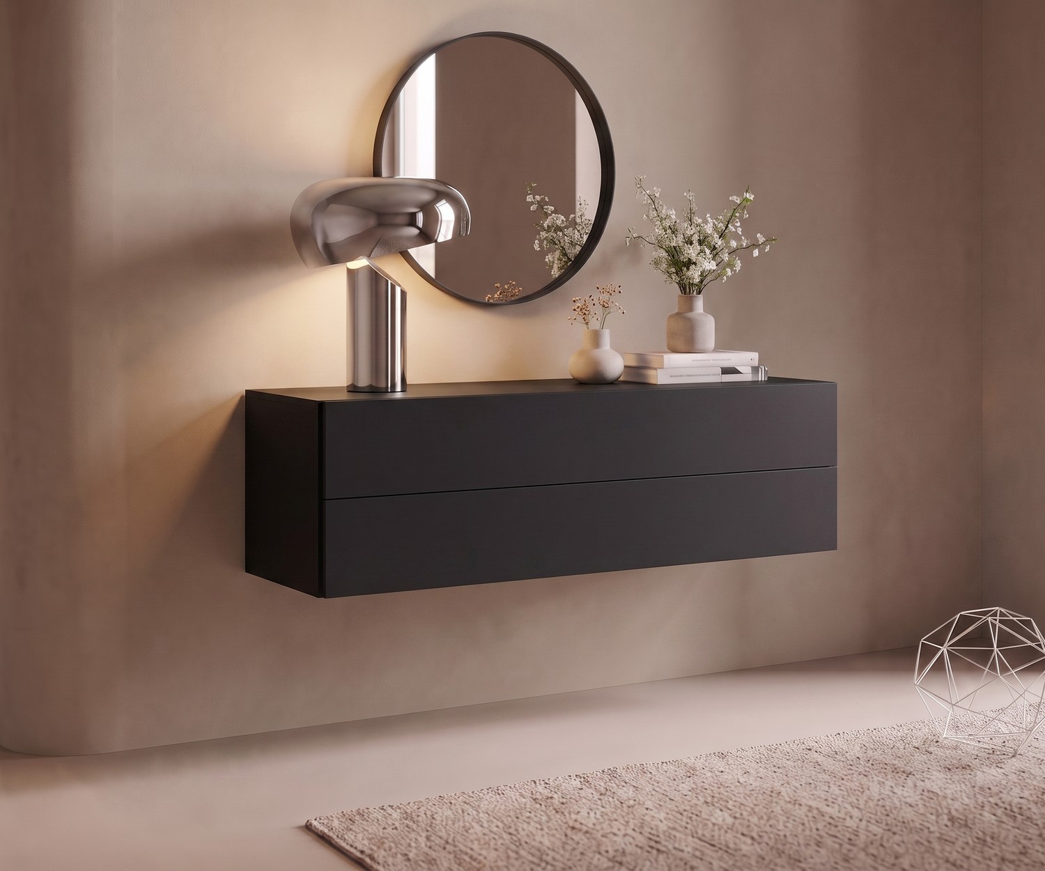 Zwevende ladekast Easy van Novamobili in zwart Easy hangcommode van Novamobili voor de hal, moderne zwevende ladekast in mat zwart met twee laden.