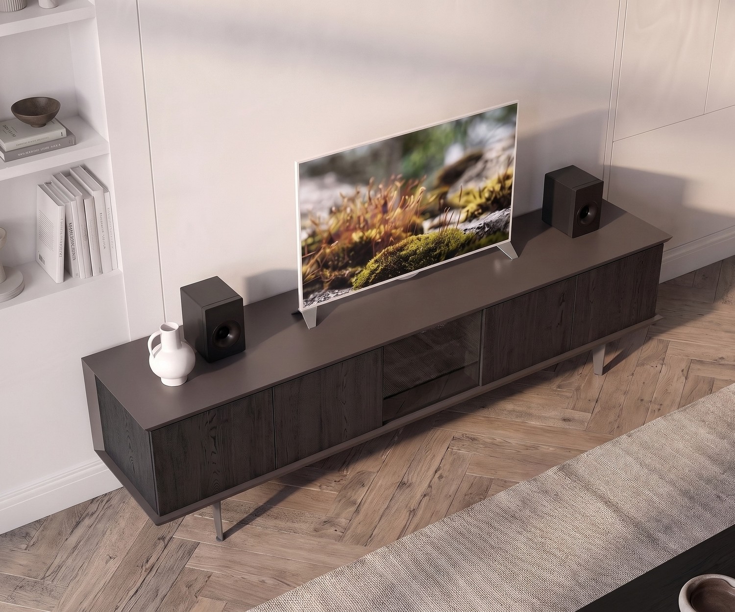 Ozzio Brera TV Lowboard dressoir Ozzio Brera TV media lowboard voor de woonkamer. Modern donker houten tv-meubel met glazen deur en stijlvol ontwerp.