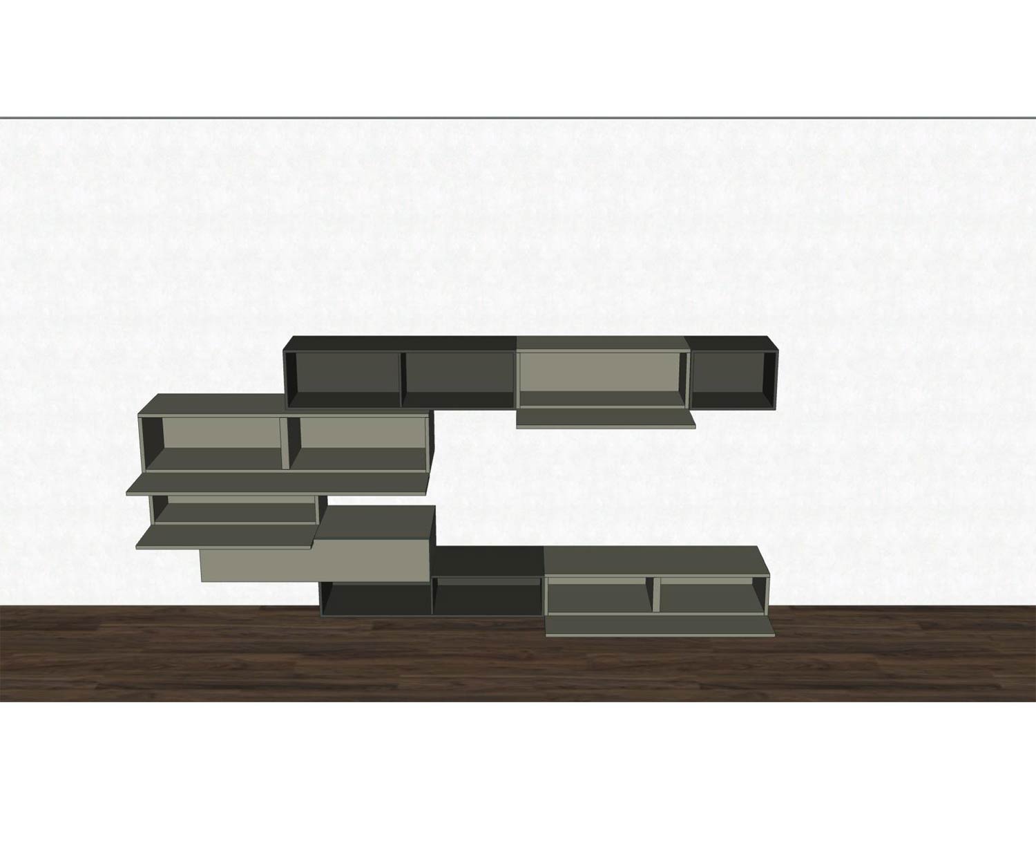 Zwevend design wandmeubel met open elementen in gekleurde markeringen Zwevend design wandmeubel met open elementen in gekleurde markeringen