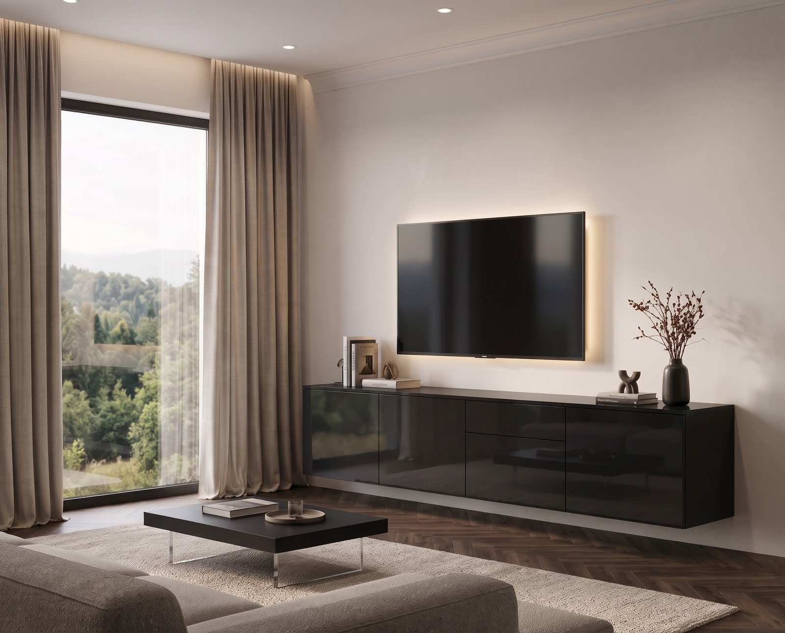 Livitalia TV-Sideboard Spaziora in Schwarz Hochglanz, B 240 cm, hängend im Wohnzimmer