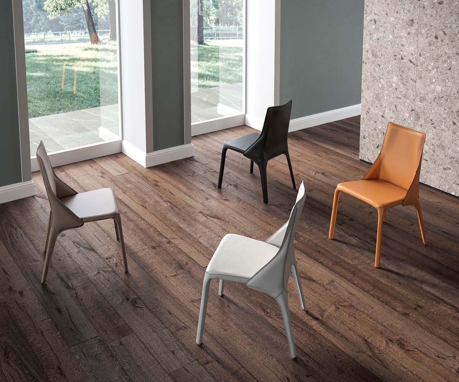 Moderne design leren stoel vier leren stoelen geplaatst in een kamer op een houten vloer