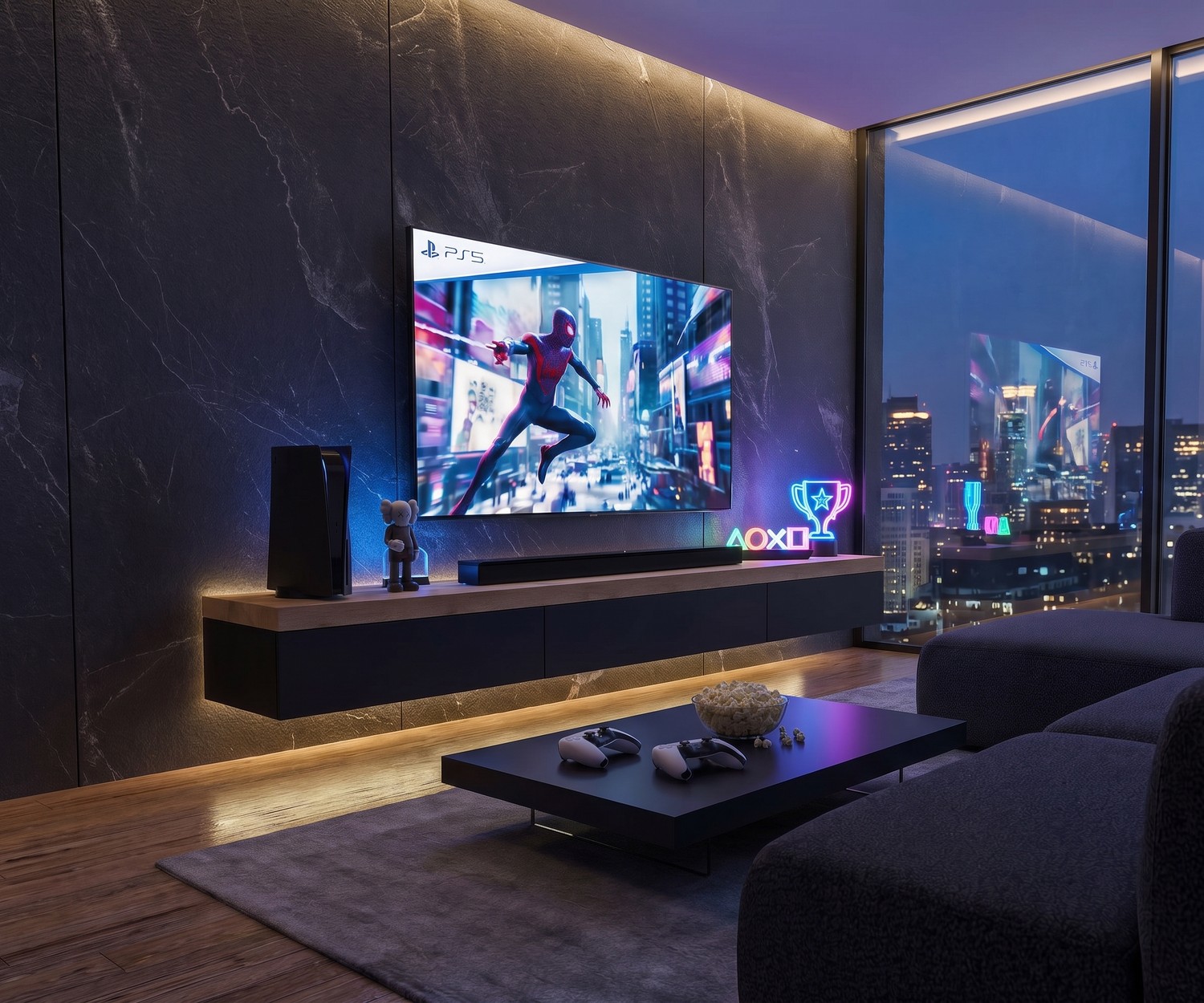 Lowboard in woonkamer: Zwevend Livitalia lowboard met dik houten bovenblad en donker front in een moderne gameroom.