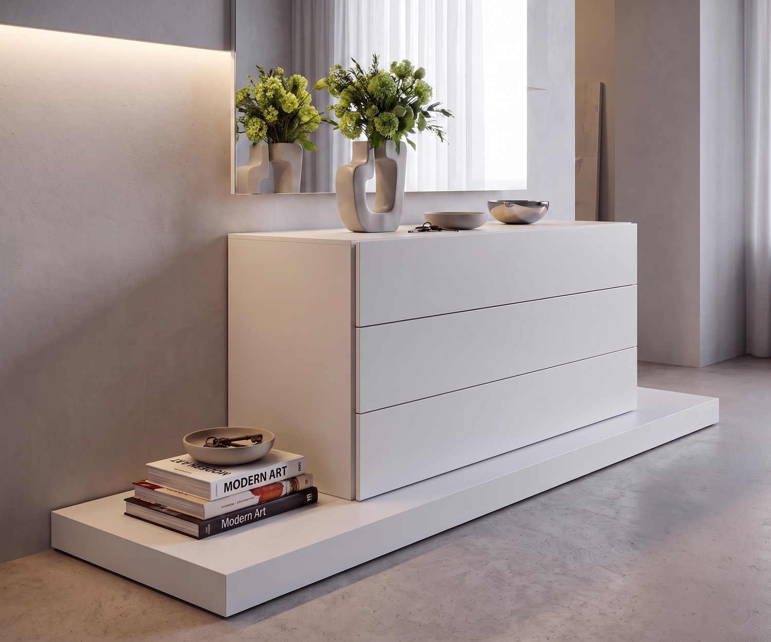 Moderne Easy ladekast met 3 laden Easy design ladekast van Novamobili met 3 laden in wit, minimalistische slaapkamercommode met bijpassende spiegel.