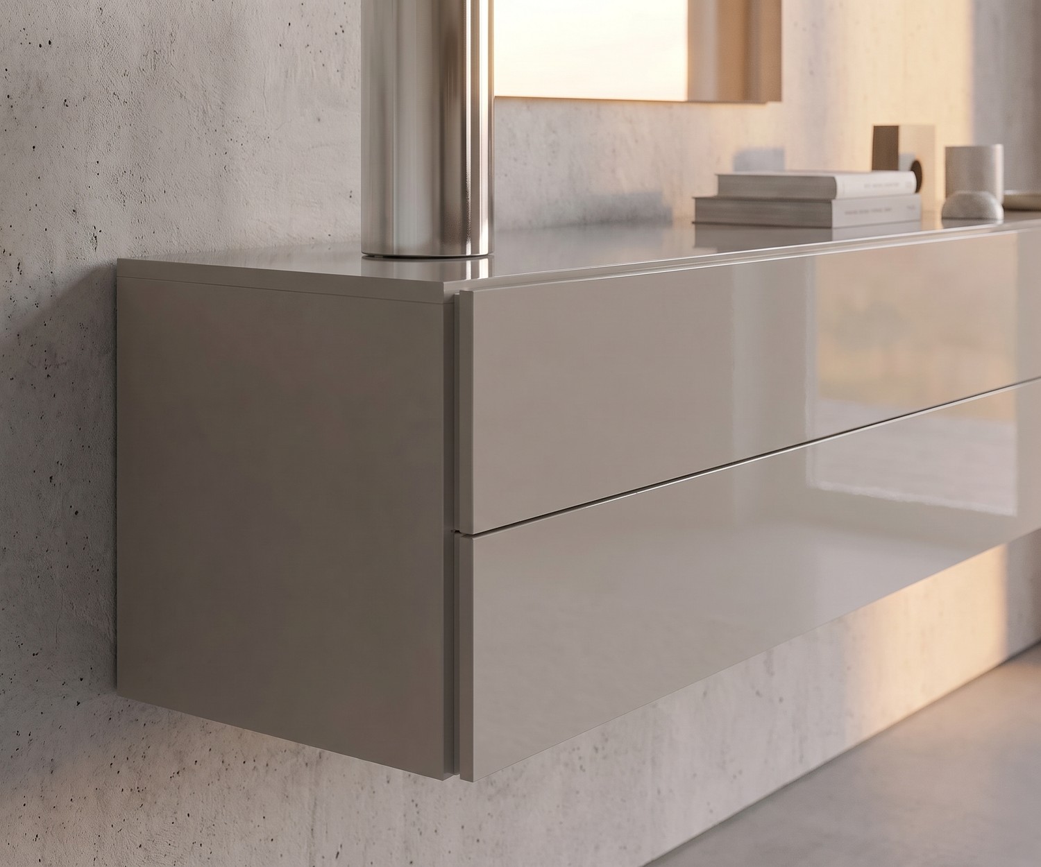 Hangend dressoir Easy van Novamobili in hoogglans zandkleur, moderne zwevende ladekast voor een minimalistische woonkamer.