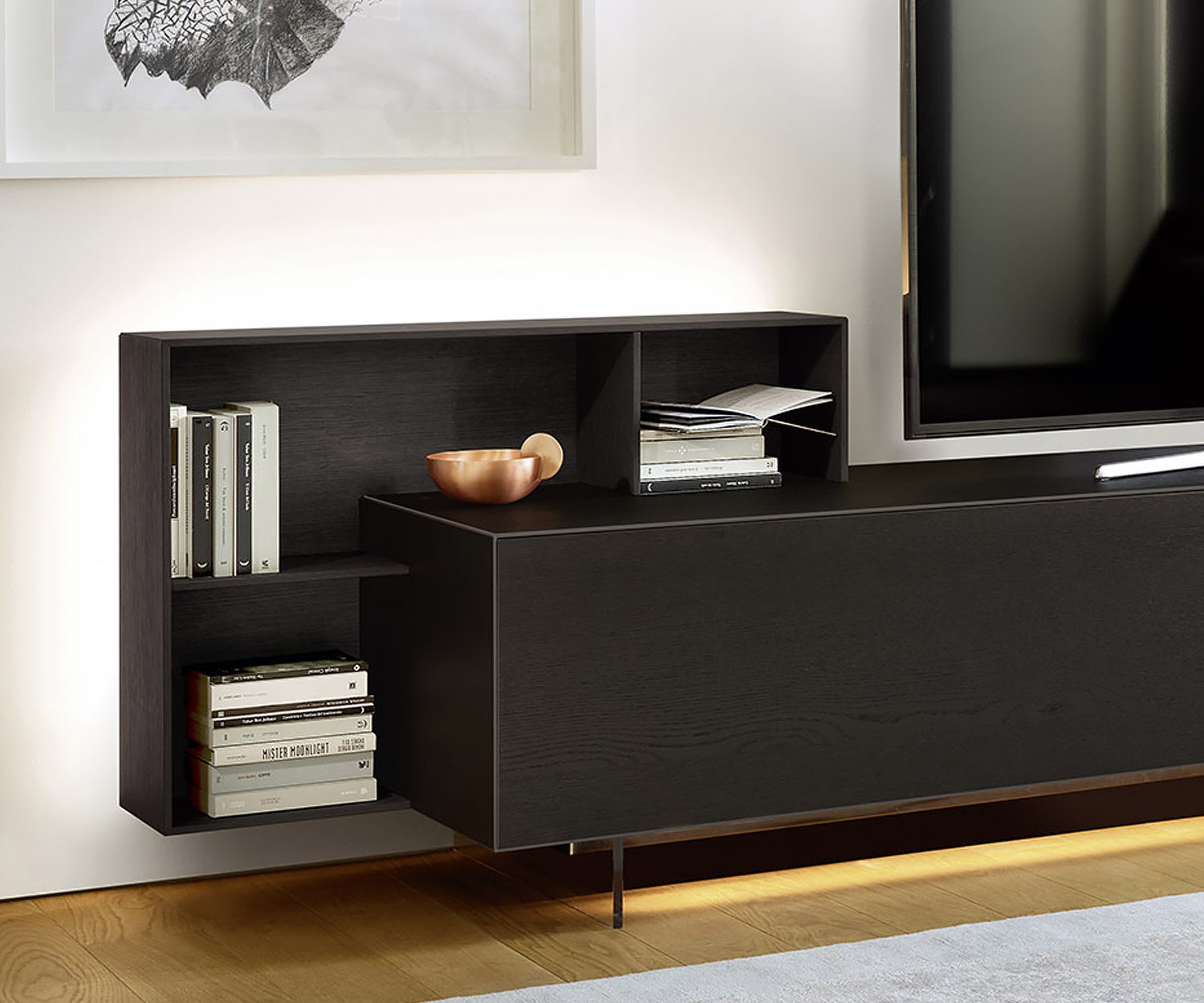 Modern design wandmeubel Livitalia C08 Legbord en design lowboard met optionele LED-verlichting Modern design wandmeubel Livitalia C08 Legbord en design lowboard met optionele LED-verlichting