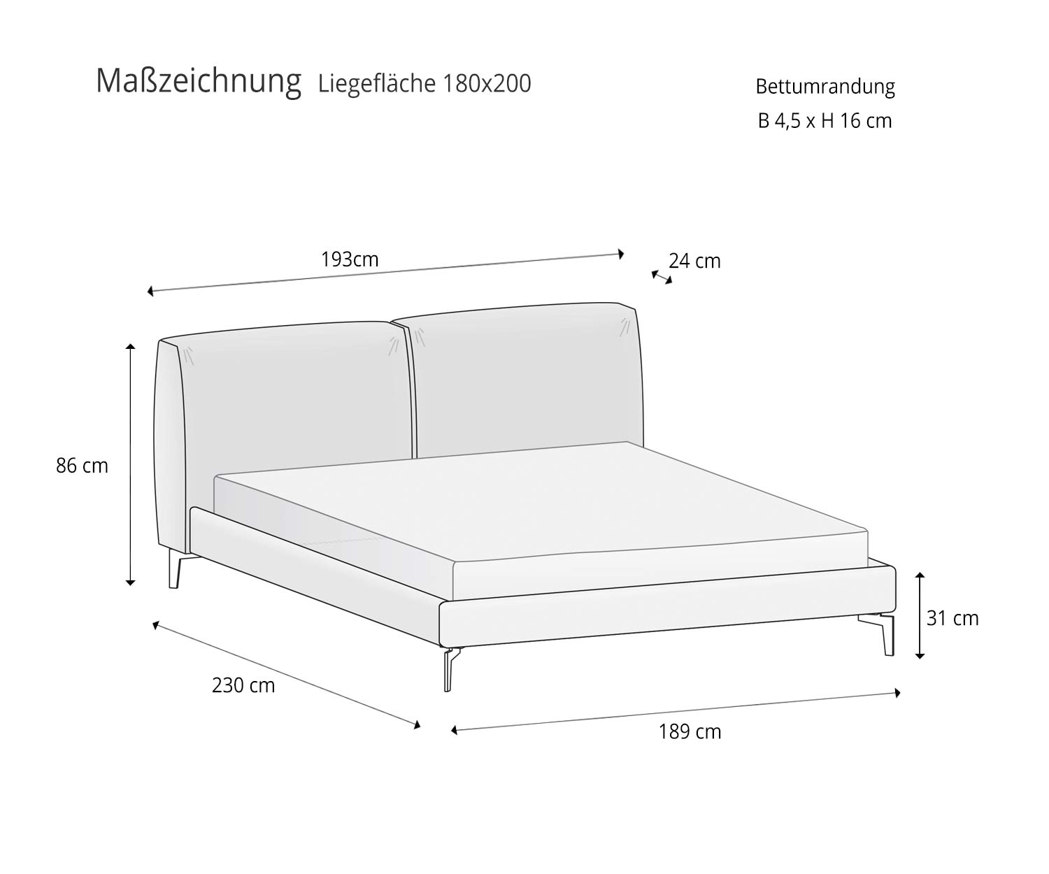 Novamobili Design bed Margot schetsmaat maatvoering specificaties 180x200 ligoppervlak Novamobili Design bed Margot schetsmaat maatvoering specificaties 180x200 ligoppervlak