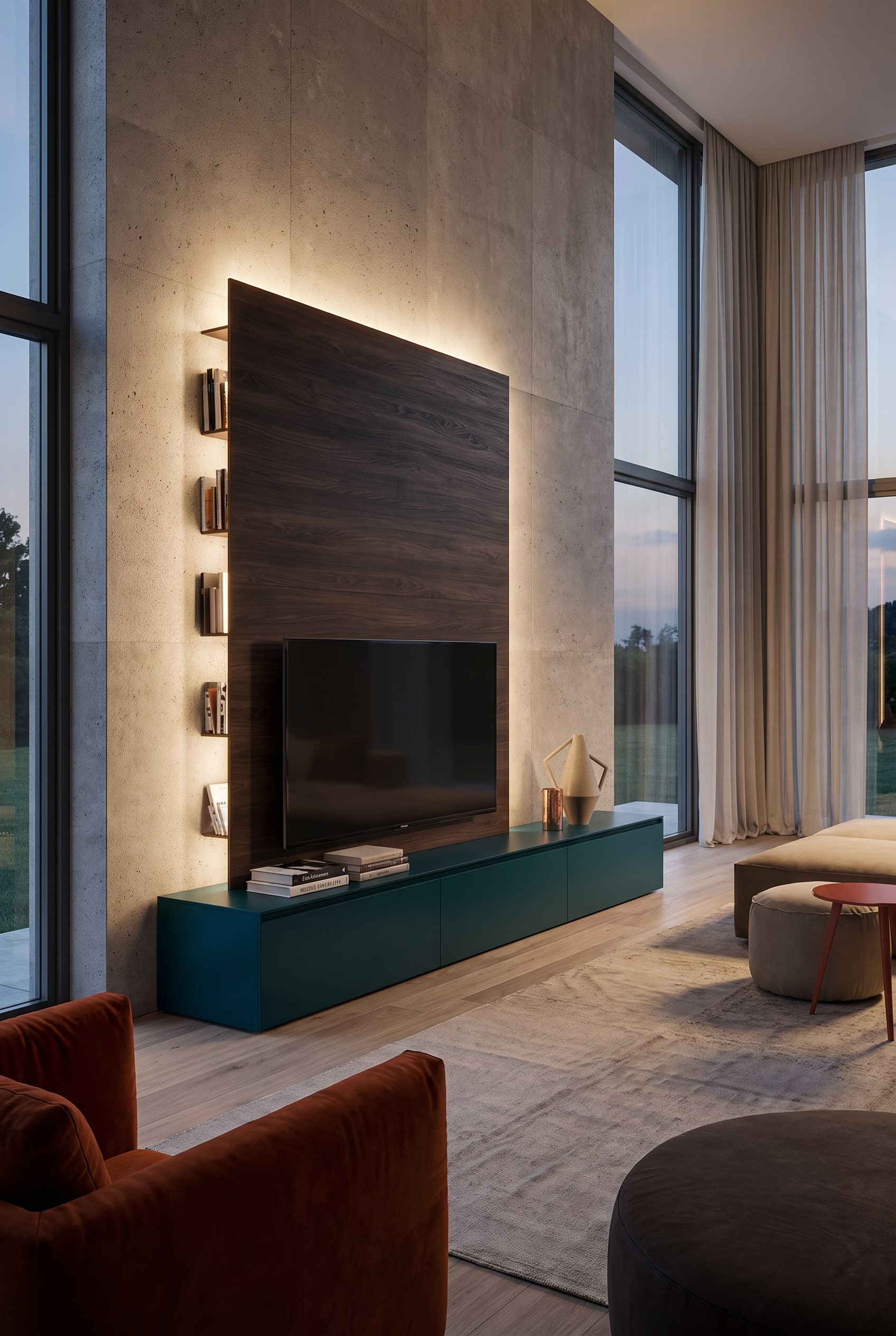 Luxuriöse TV-Wand mit dunklem Holzpaneel und integriertem Flachbildschirm in einem Wohnzimmer mit extrem hohen Decken