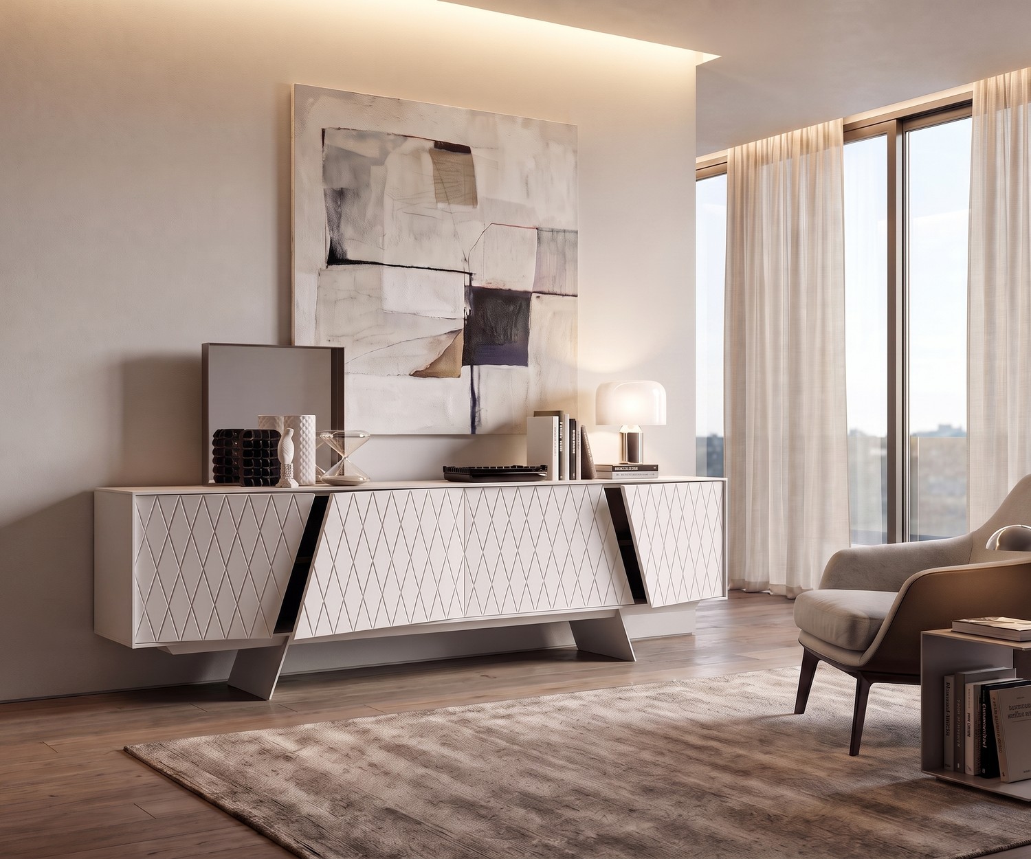al2 e-klipse 003 dressoir voor de woonkamer, elegant wit design dressoir met ruitpatroon op de deuren.