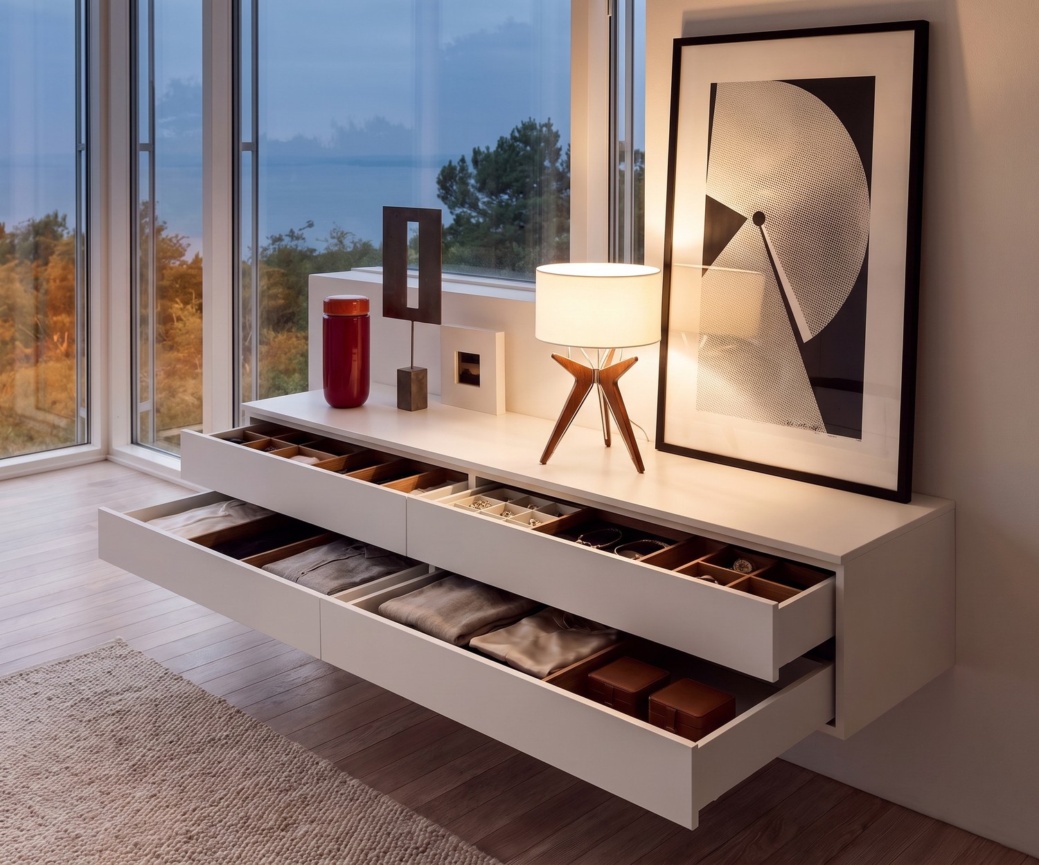 Zwevend dressoir in de slaapkamer: Witte Novamobili Easy hangende commode met 4 laden in een minimalistisch interieur.