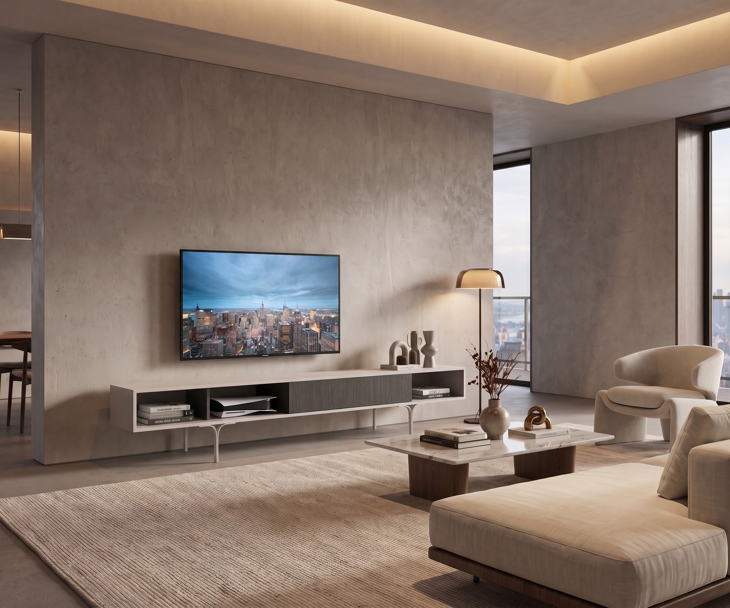 Minimalistisch TV-lowboard al2 Mobius 005 al2 Mobius 005 TV-lowboard in een modern interieur, minimalistisch tv-meubel met houten lade en slanke poten.
