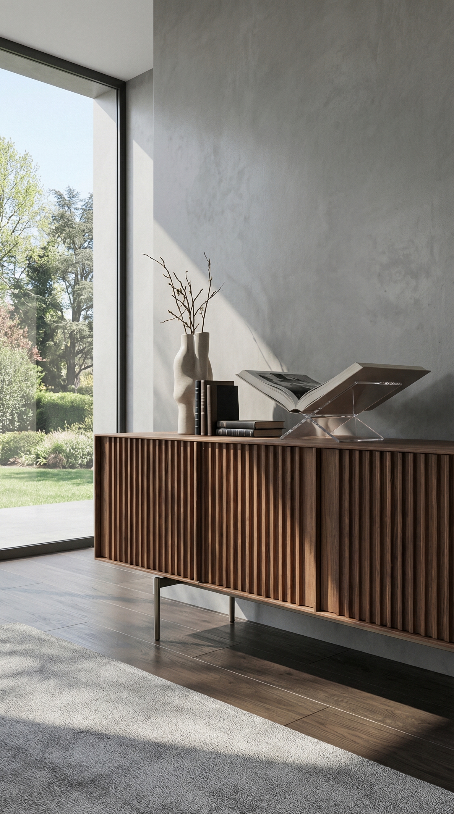 Detailopname al2 KA-BERA Sideboard met walnoot lamellenstructuur