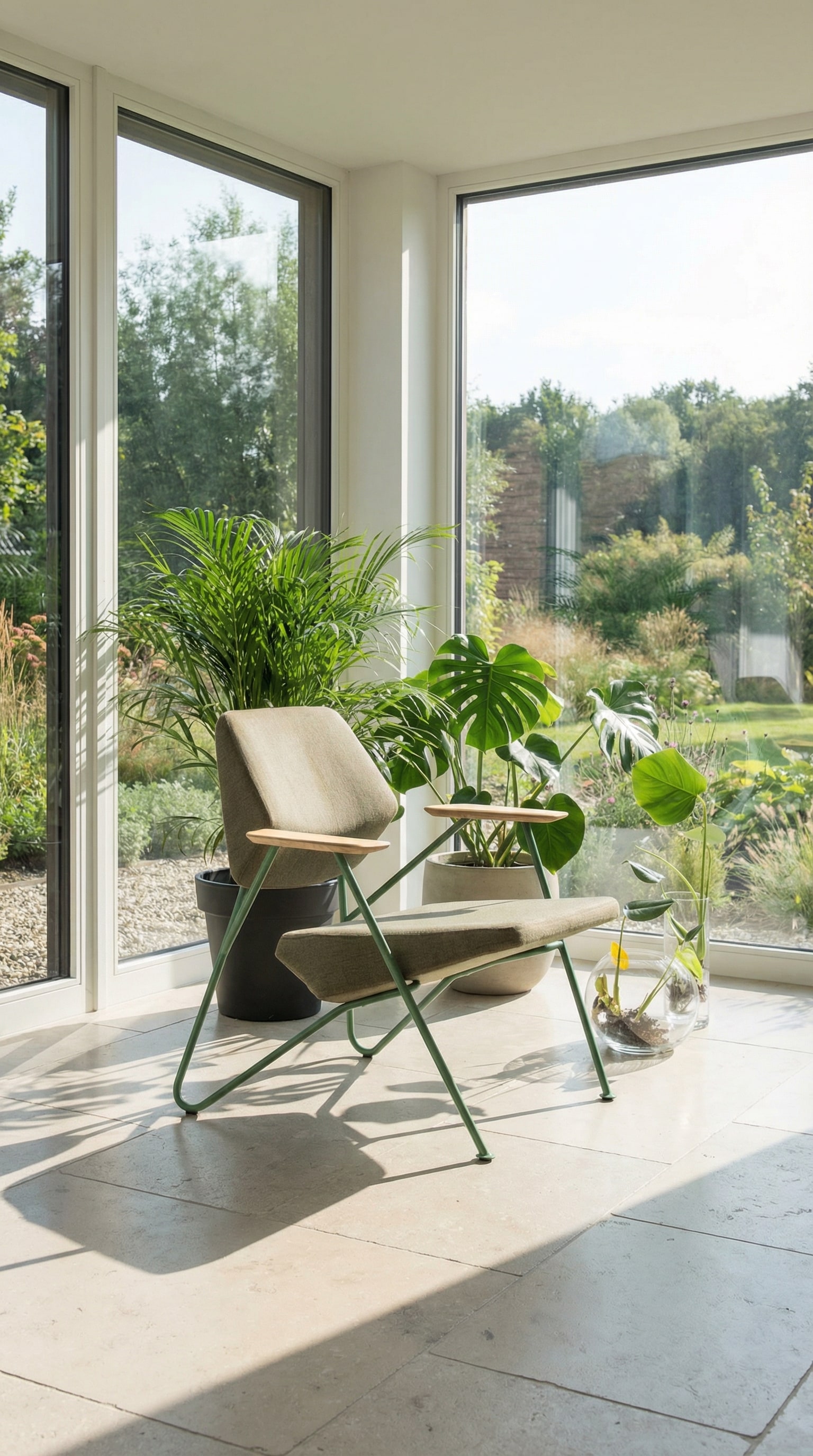 Geometrische loungestoel met groen onderstel en beige kussens voor grote kamerplanten