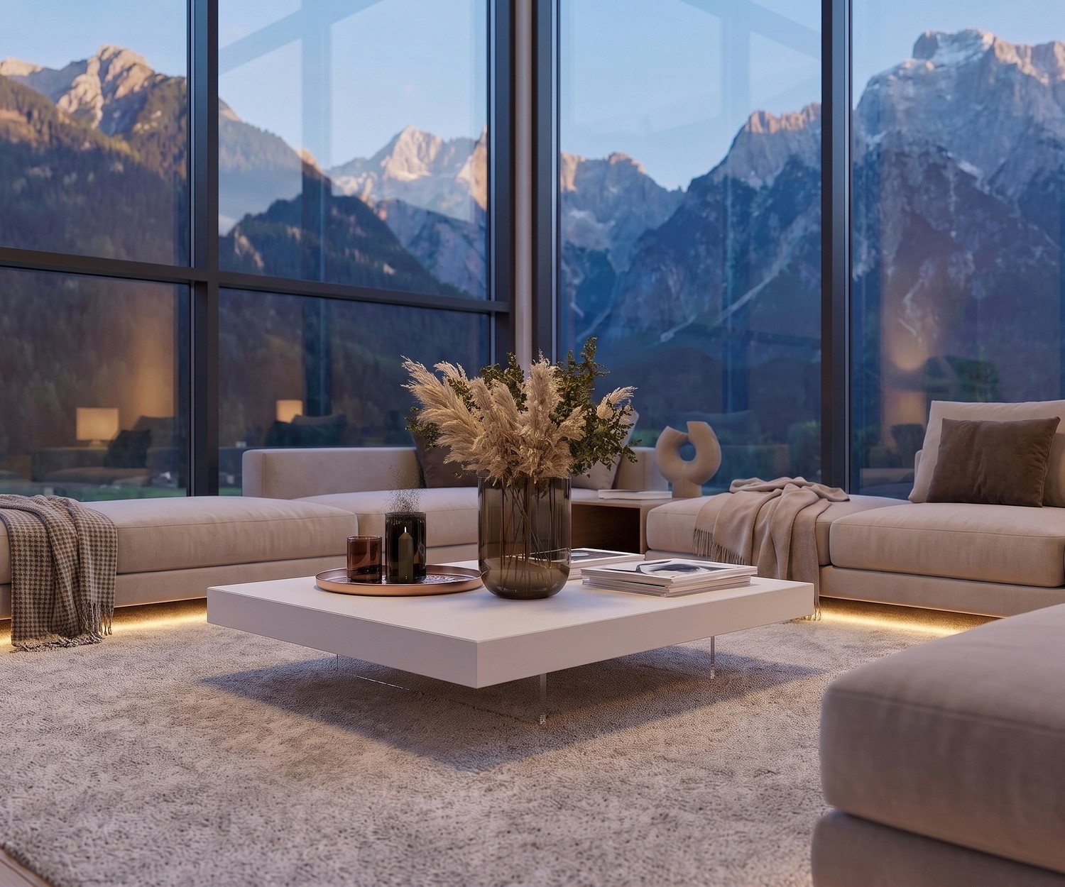 Lage witte salontafel | Livitalia Moderne lage salontafel Livitalia Low in wit zwevend op transparante poten in een luxe woonkamer.