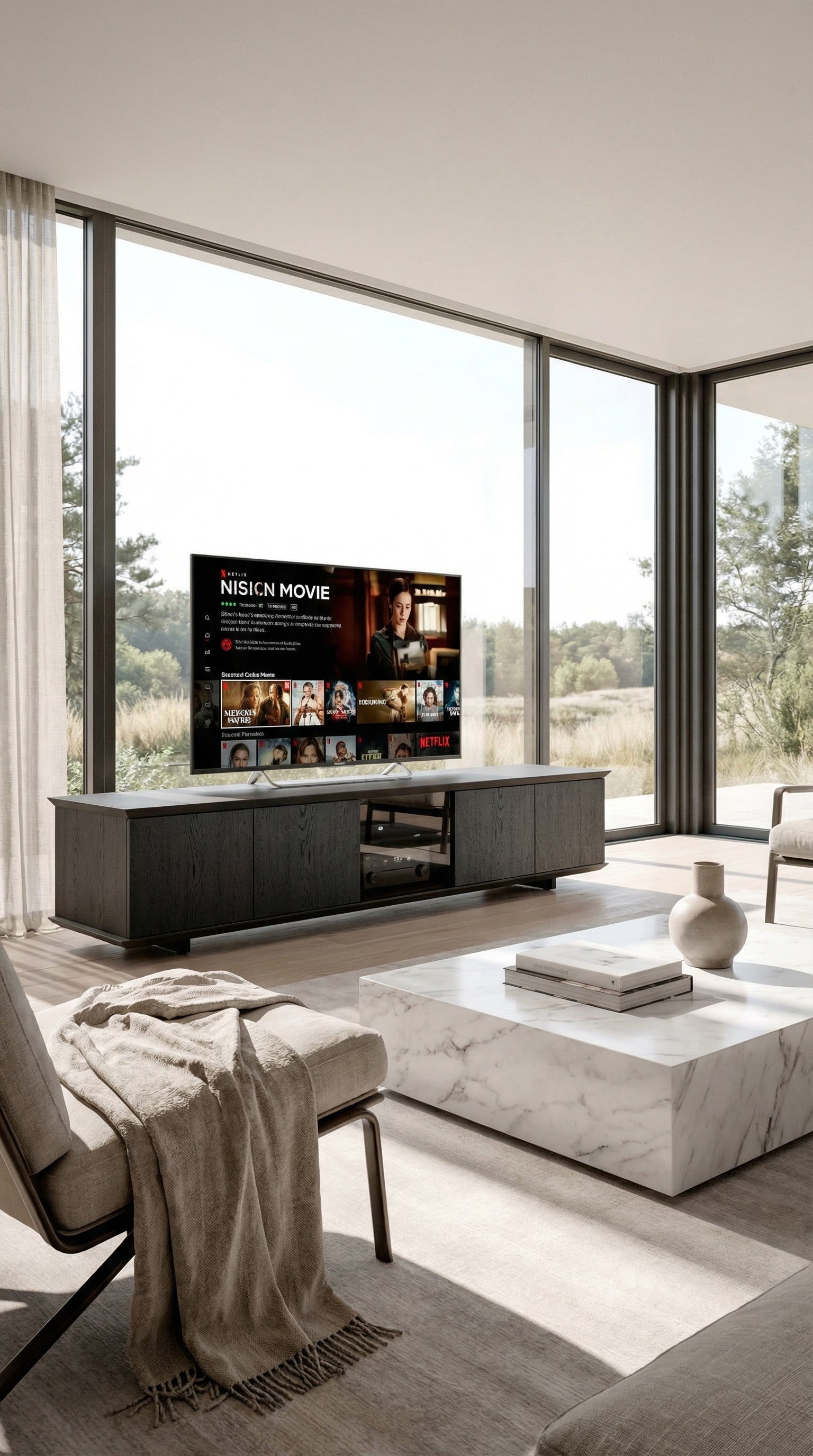 Ozzio Brera TV Media Lowboard met onzichtbare technologie-integratie in een lichte woonkamer