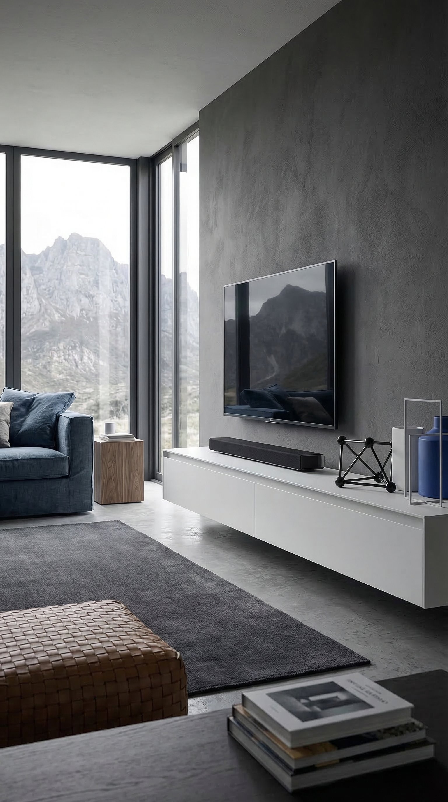 Een wit, mat, zeer lang design lowboard in een moderne woonruimte met grijze muur en blauwe accenten.
