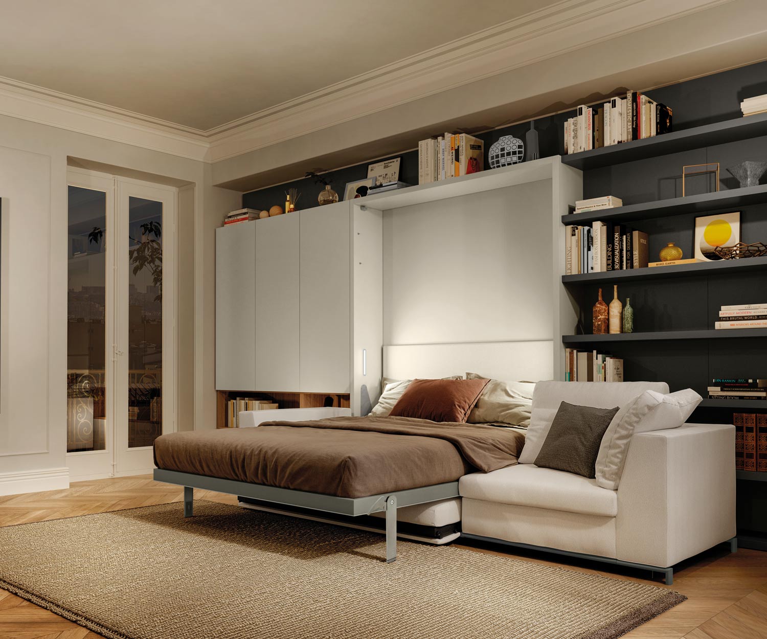 Moderne woonkamer met opklapbed en bank Moderne woonkamer met opklapbed en bank