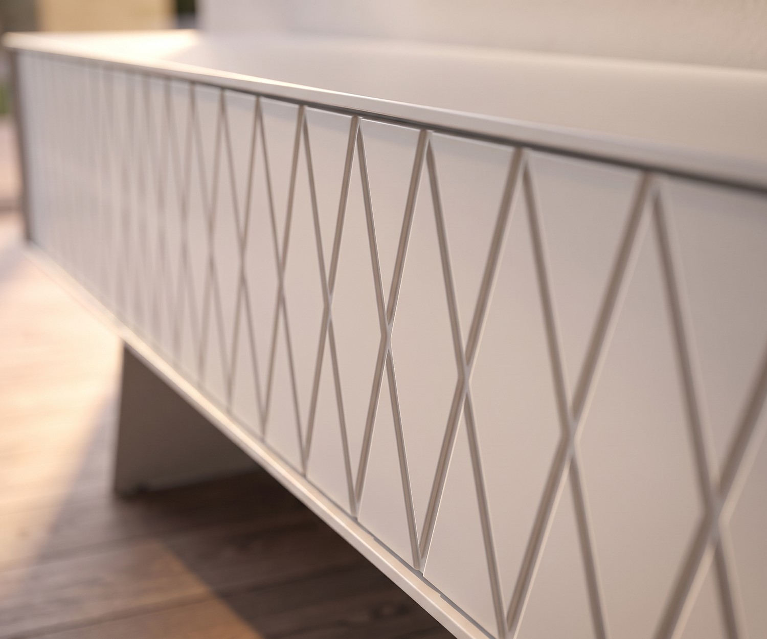 al2 e-klipse 008 TV-lowboard voor de woonkamer, modern mat wit front met ruitpatroon, minimalistische stijl.
