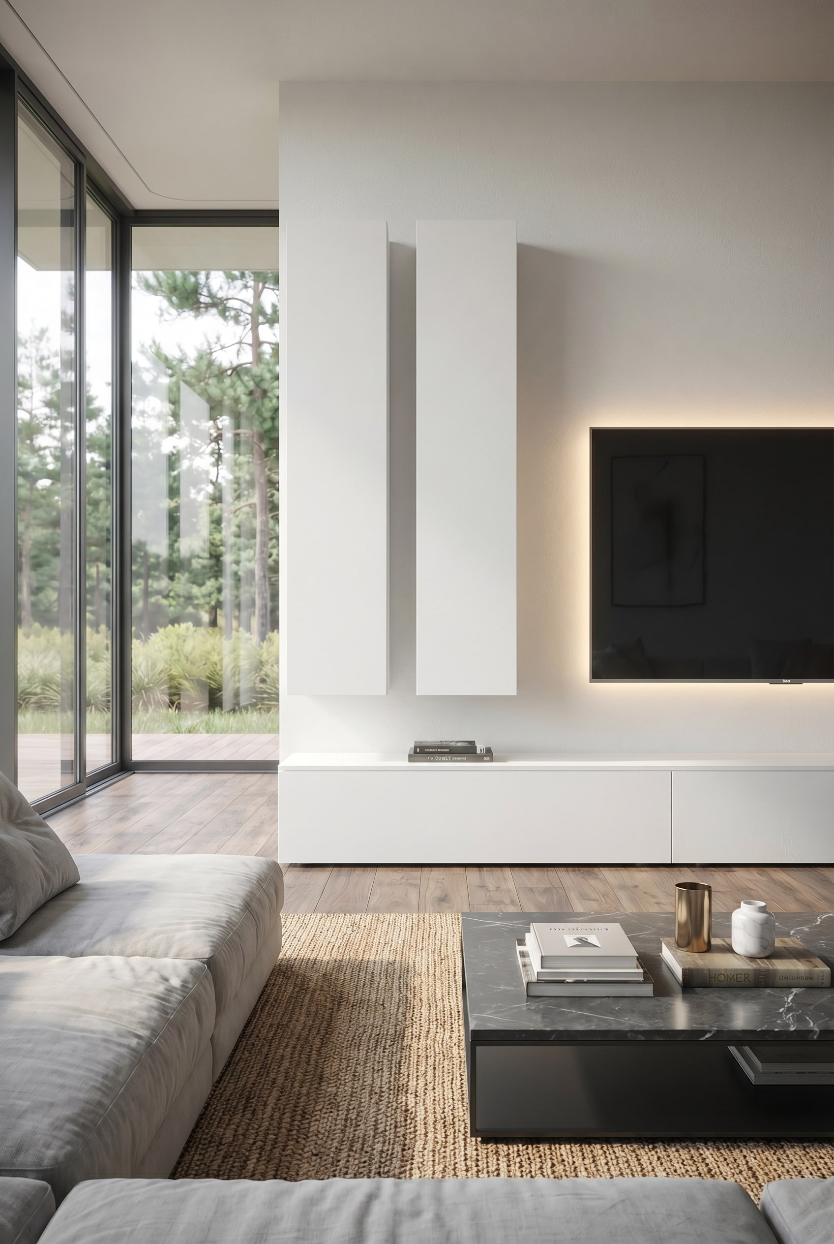 Asymmetrisch gestaltete Wohnwand C106 in mattem Wei&szlig; als zentraler Blickfang im Wohnzimmer