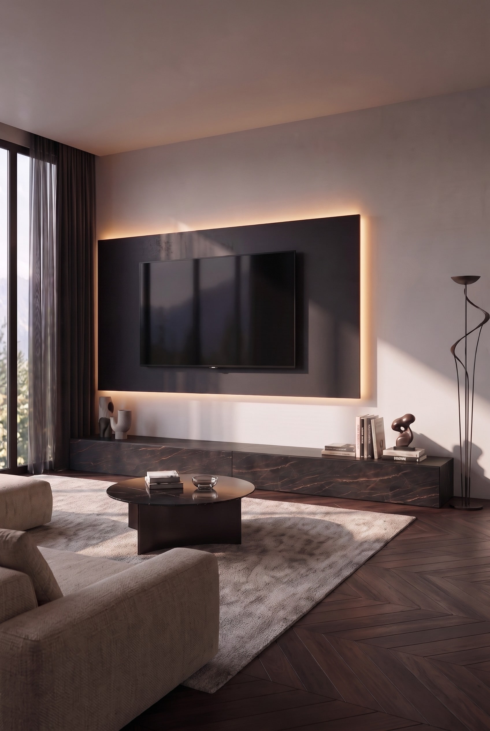 Livitalia Wohnwand C111 in Schwarz mit warmem, indirektem LED-Licht hinter dem schwebenden TV-Paneel