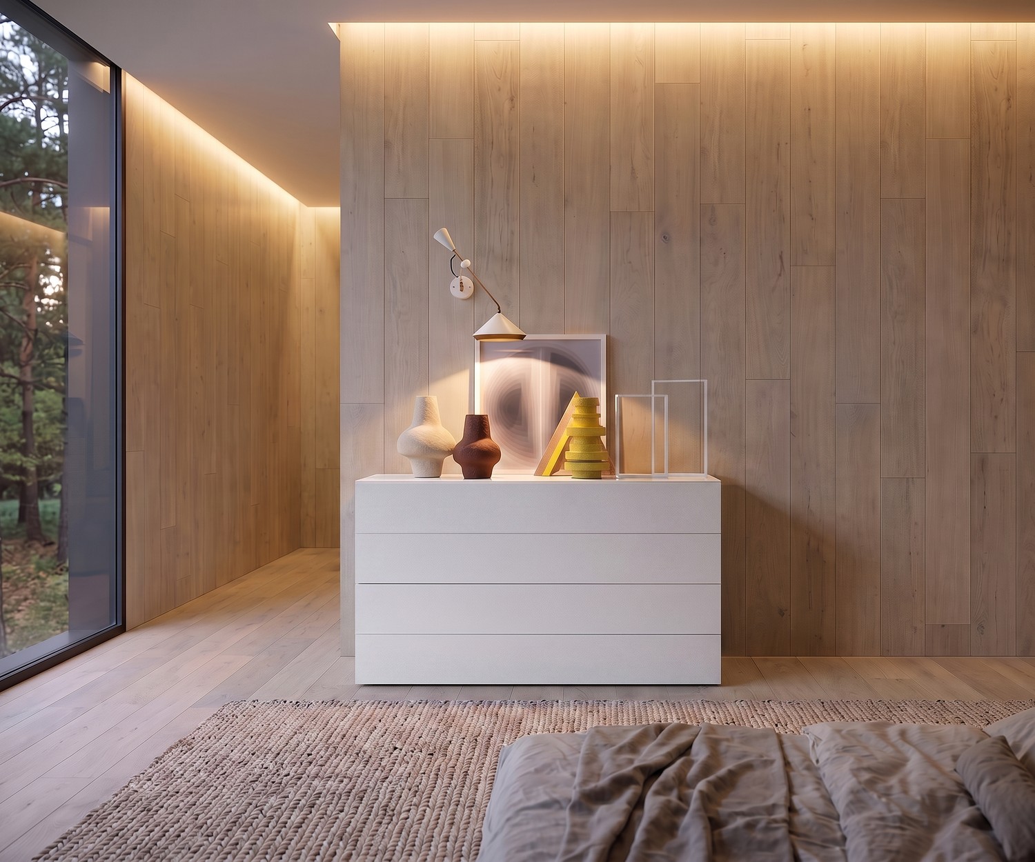 Novamobili Easy commode met 4 laden voor de slaapkamer in mat wit, geplaatst voor een moderne houten wand.