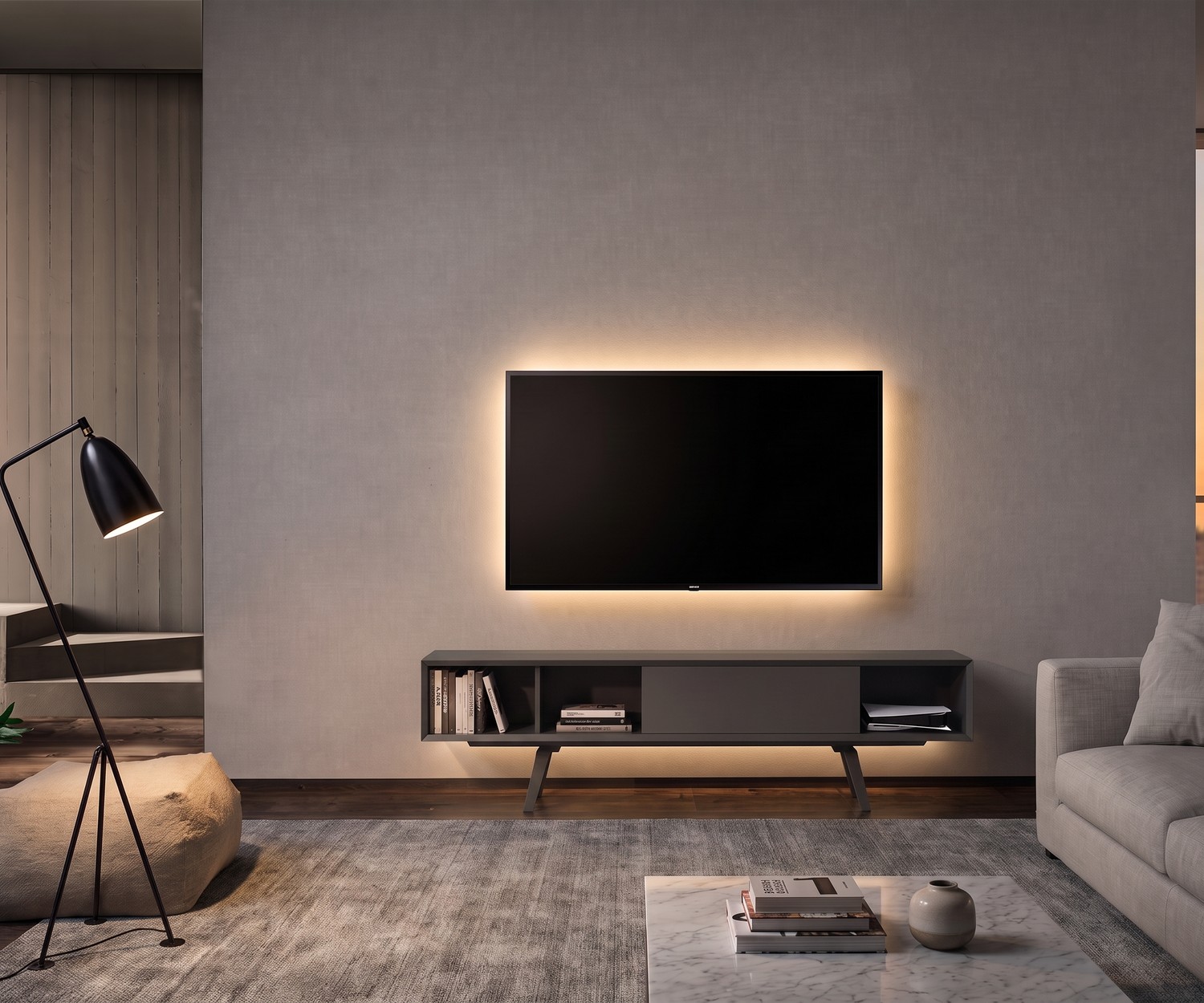 Modern wit design tv-lowboard e-klipse 005 TV-lowboard e-klipse 005 voor de woonkamer. Modern wit design tv-meubel onder een televisie in een licht interieur.