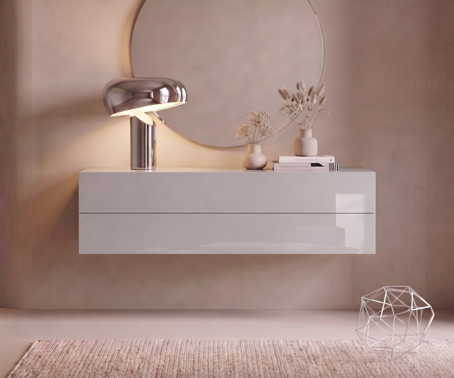 Novamobili Easy hangende ladekast in lichtgrijs Novamobili Easy hangend dressoir voor slaapkamer, modern design in lichtgrijs met twee lades onder een ronde spiegel.