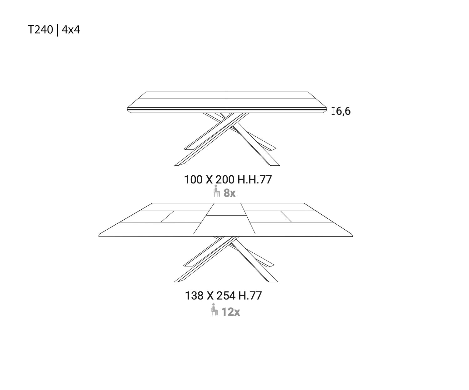 Ozzio Eettafel 4x4 T240 schetstekening Ozzio Eettafel 4x4 T240 schetstekening