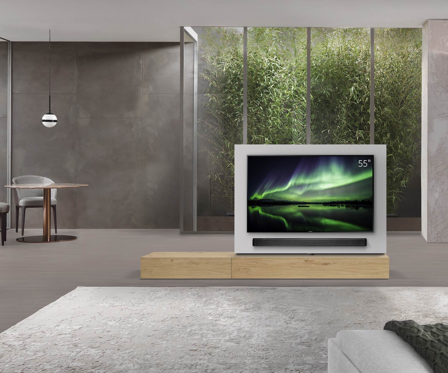 Livitalia Roto design lowboard ruimteverdeler met draaibaar TV-paneel B150 65 H25 D47 EiHe B90li oBox Livitalia Roto design lowboard ruimteverdeler met draaibaar TV-paneel B150 65 H25 D47 EiHe B90li oBox