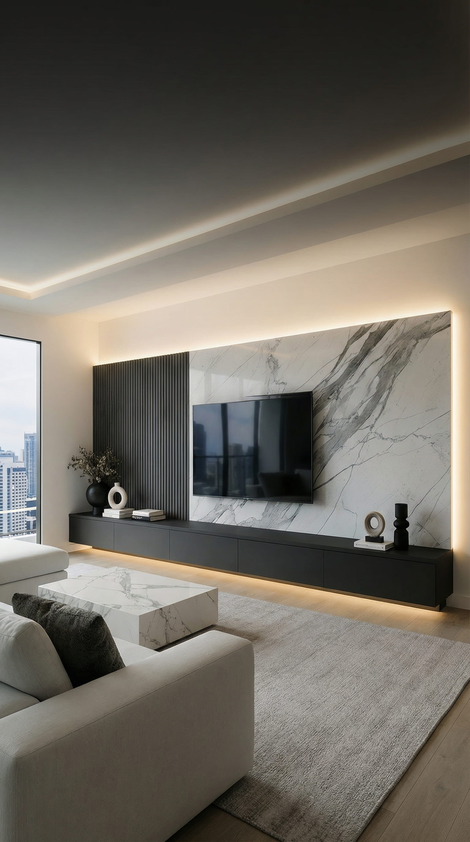 Luxe tv-wand met marmeren paneel en akoestische lamellen Luxe tv-wand met marmeren paneel en akoestische lamellen