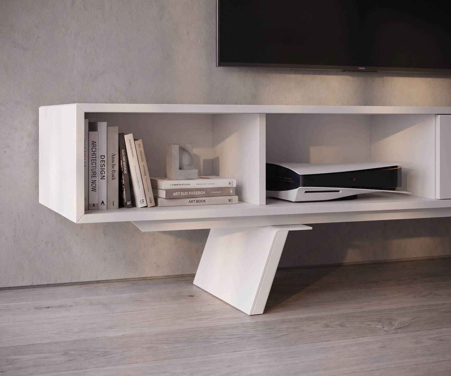Modern wit design tv-lowboard e-klipse 005 TV-lowboard e-klipse 005 voor de woonkamer. Modern wit design tv-meubel onder een televisie in een licht interieur.