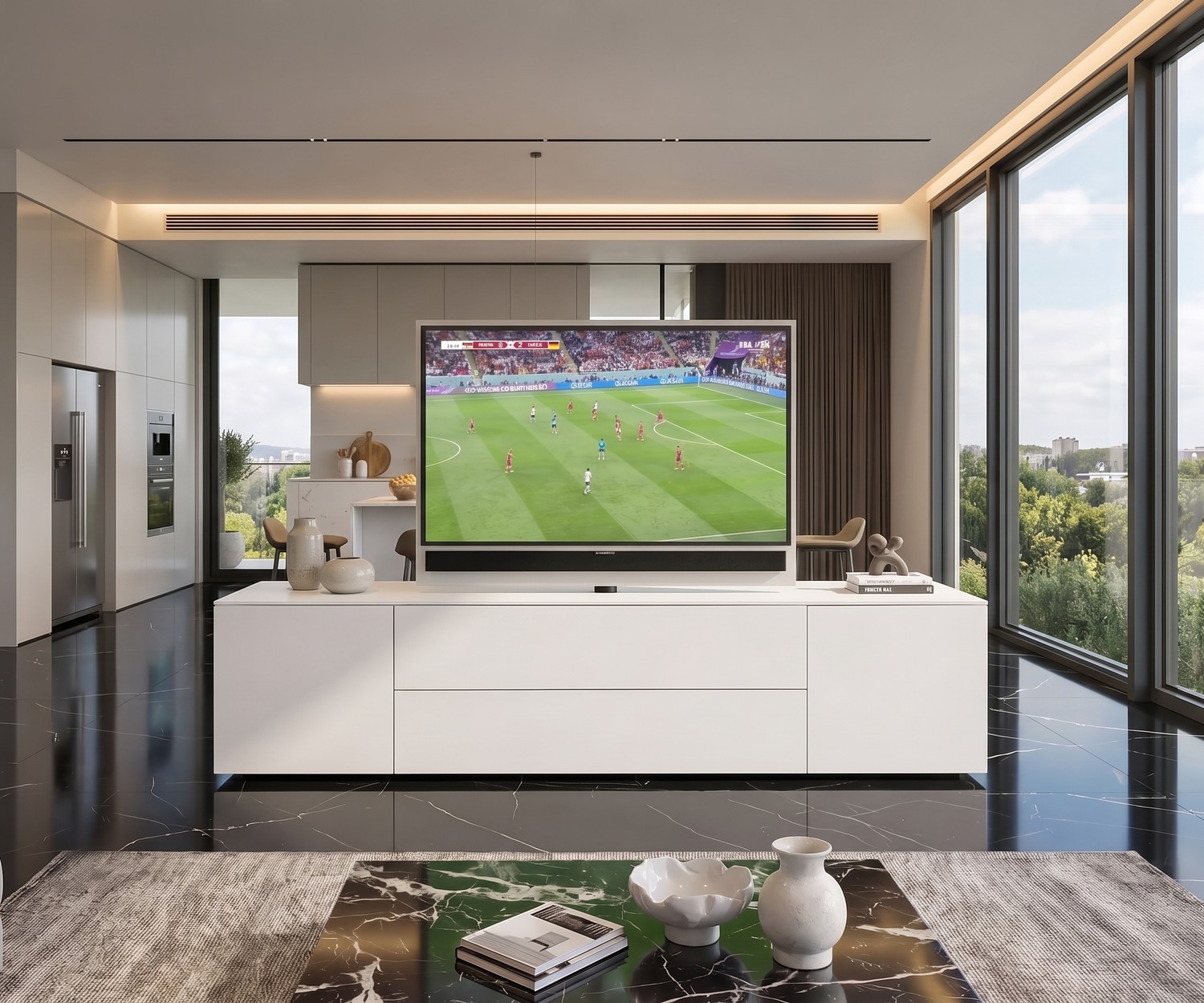Livitalia Roto dressoir roomdivider met draaibaar tv-paneel in een moderne mat witte woonkamer.